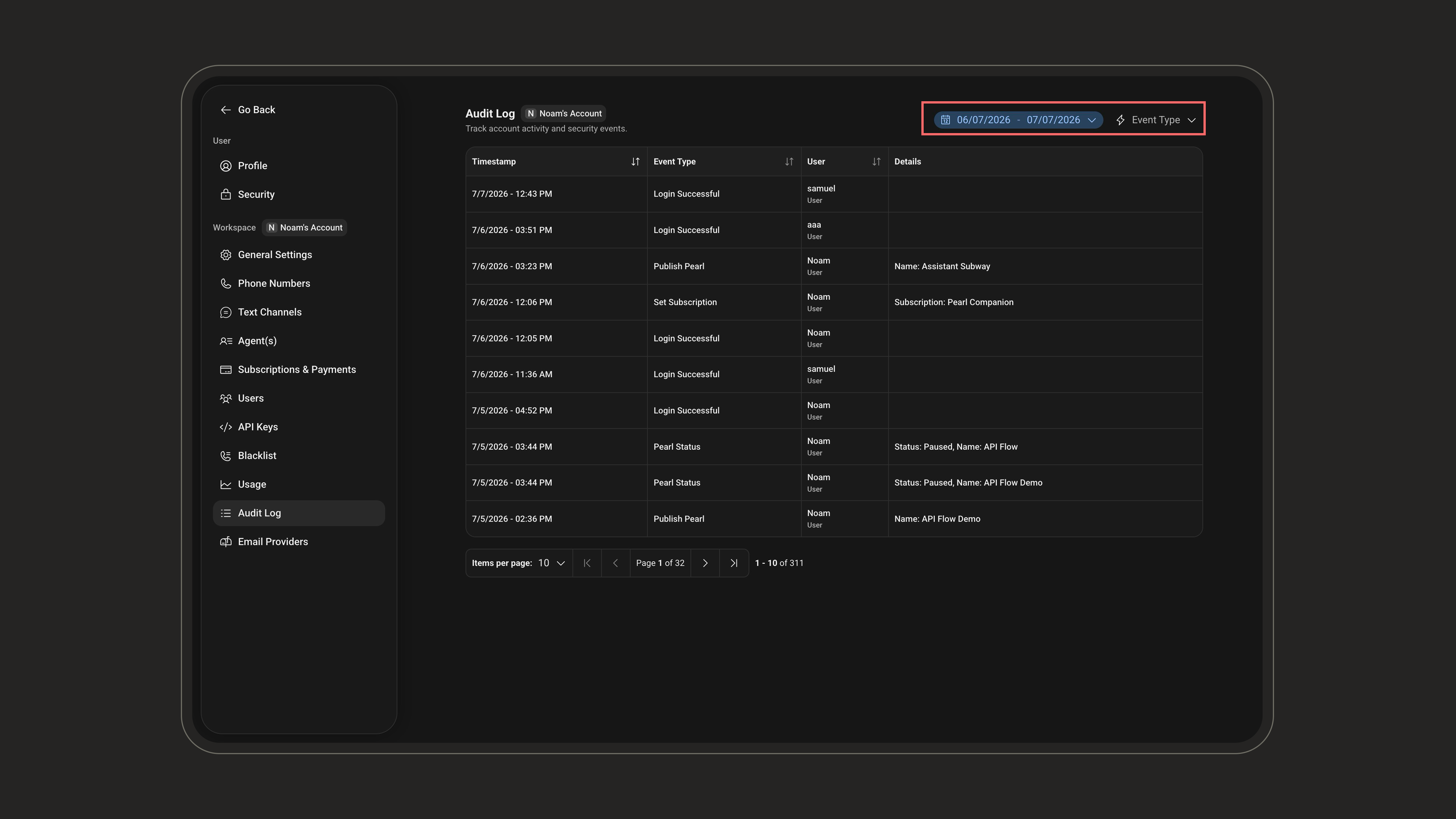Audit Log with date range and event type filters