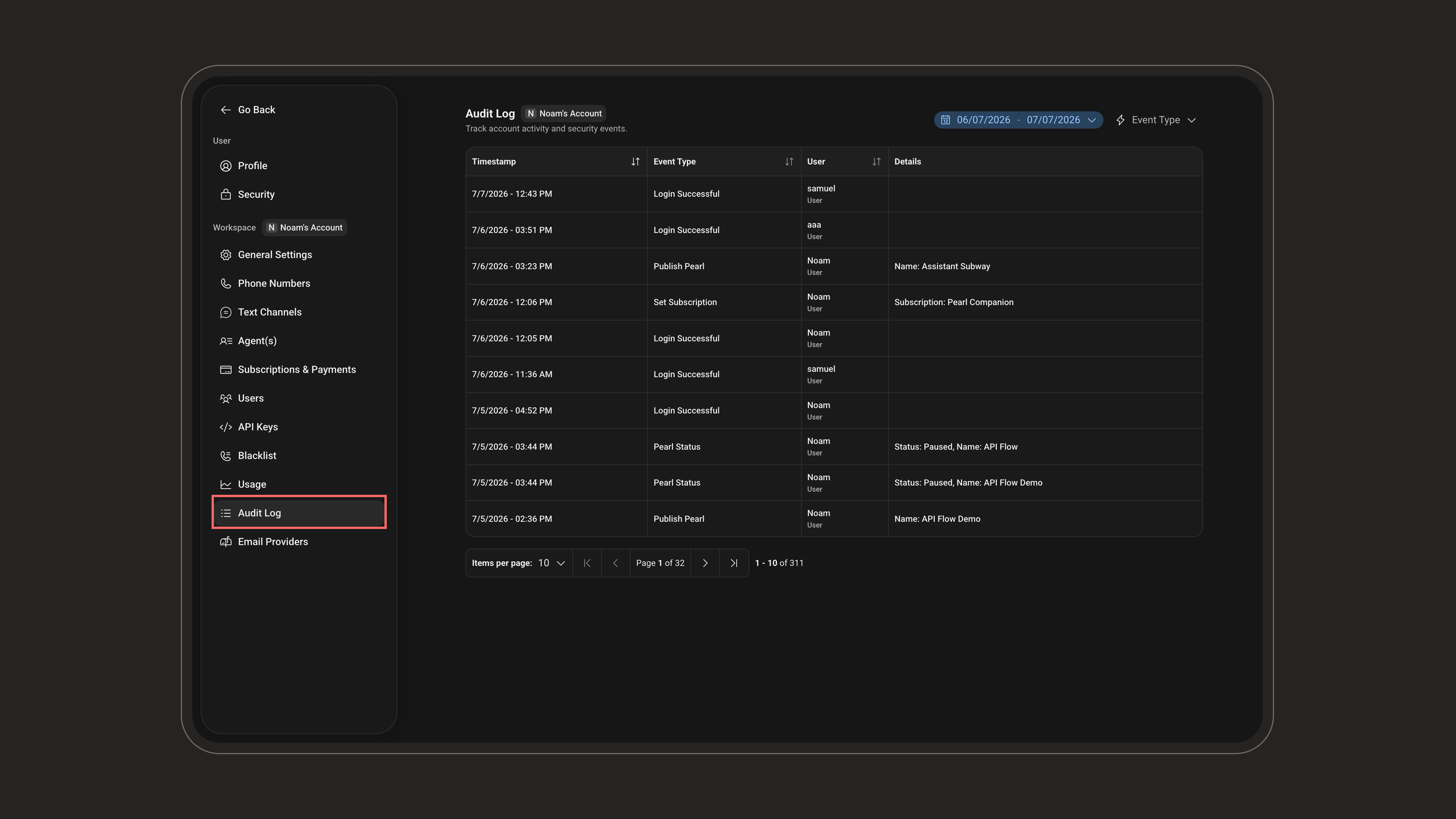 Audit Log tab in the Workspace section