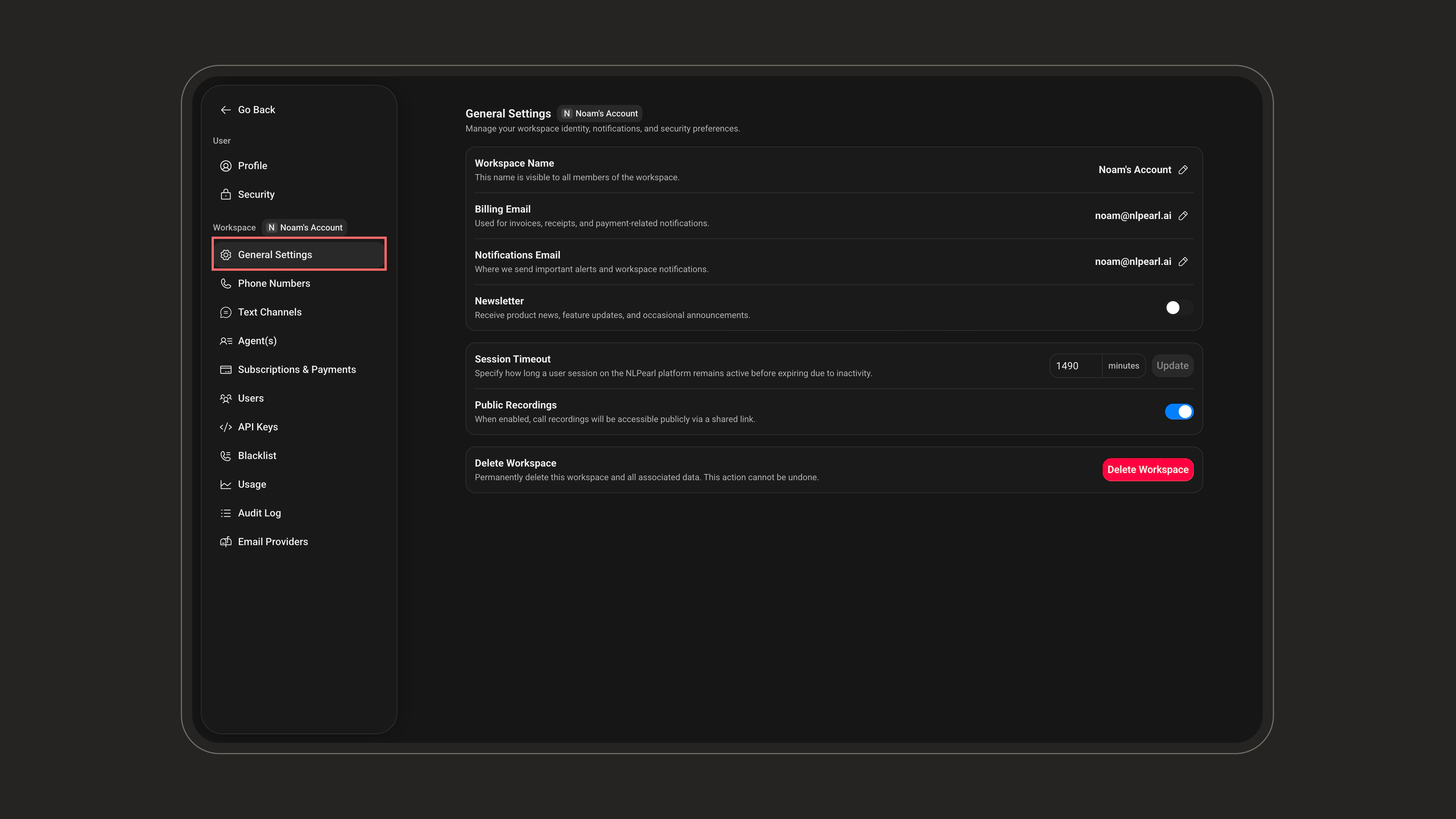 General Settings tab in the Workspace section