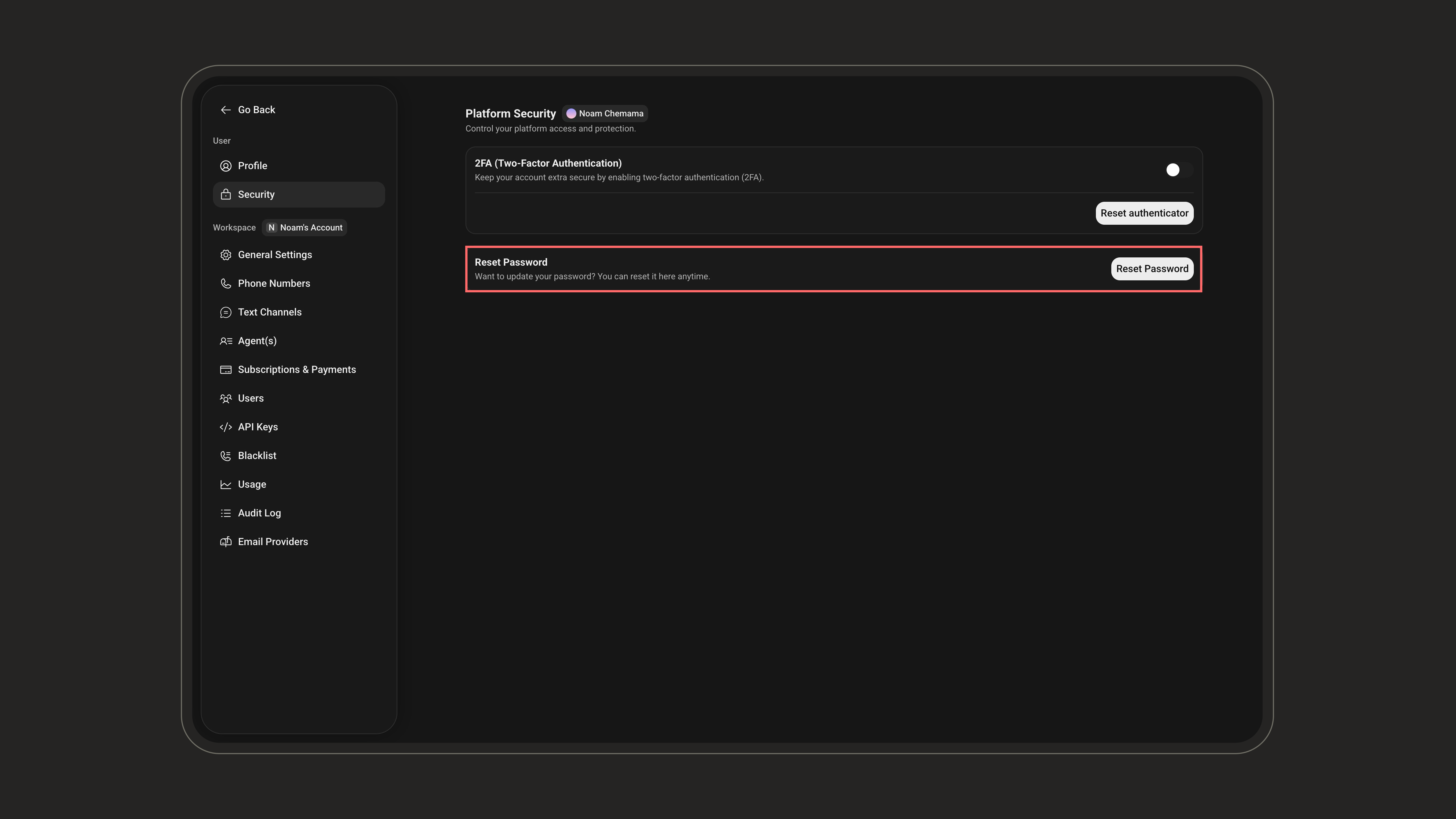 Reset Password section on the Platform Security page