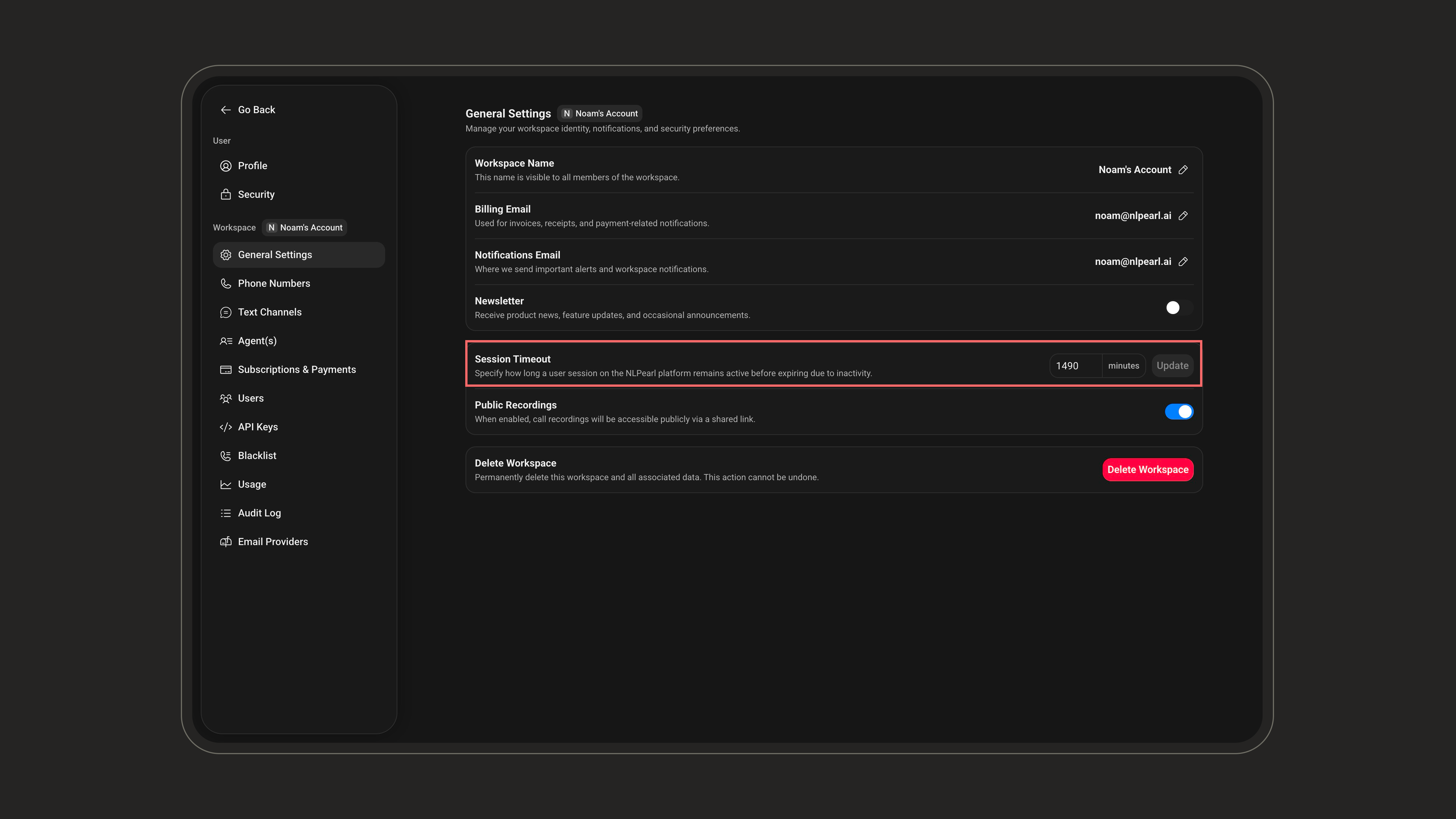 Session Timeout field in Workspace General Settings