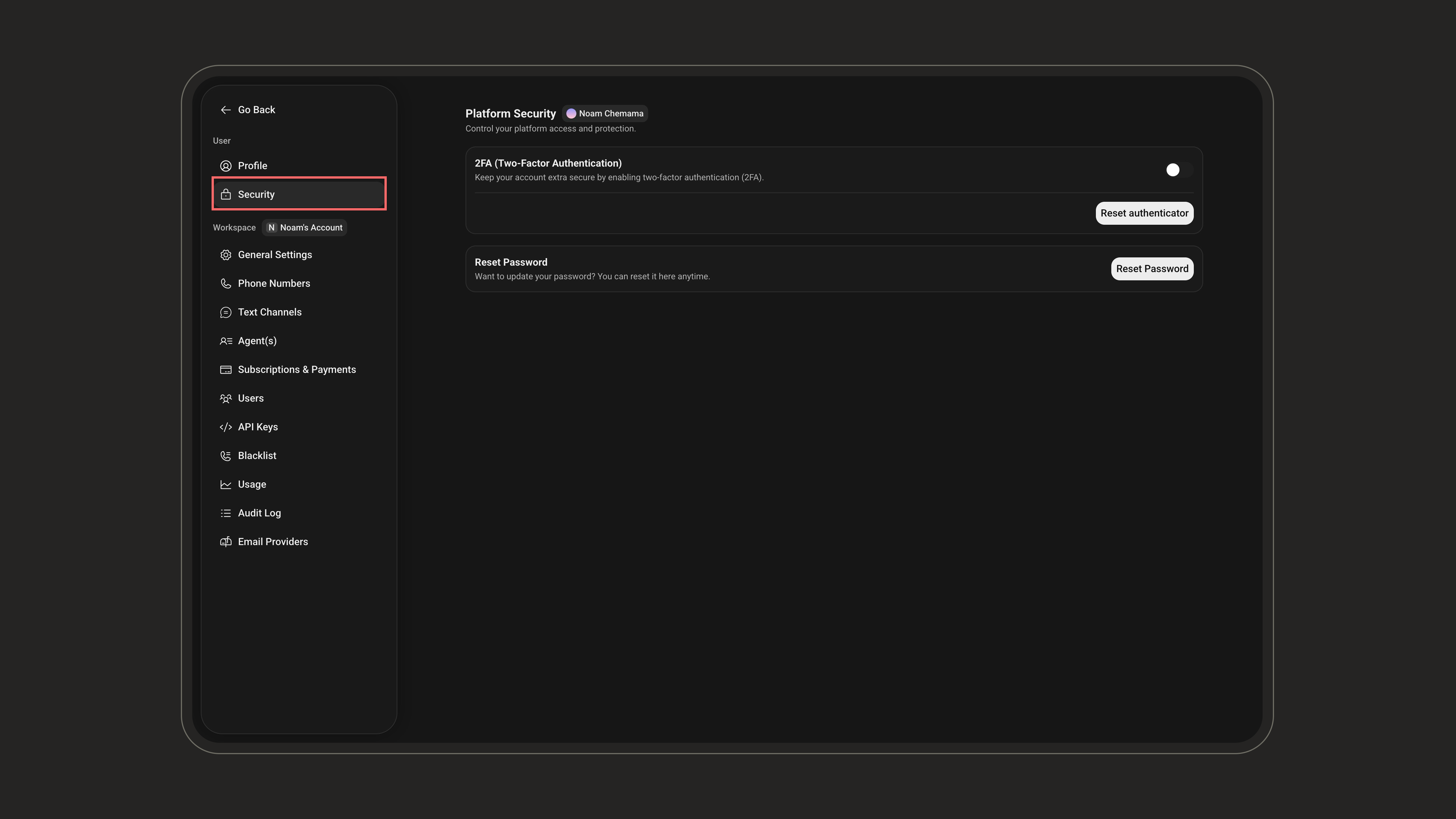Security tab in Settings, opening the Platform Security page