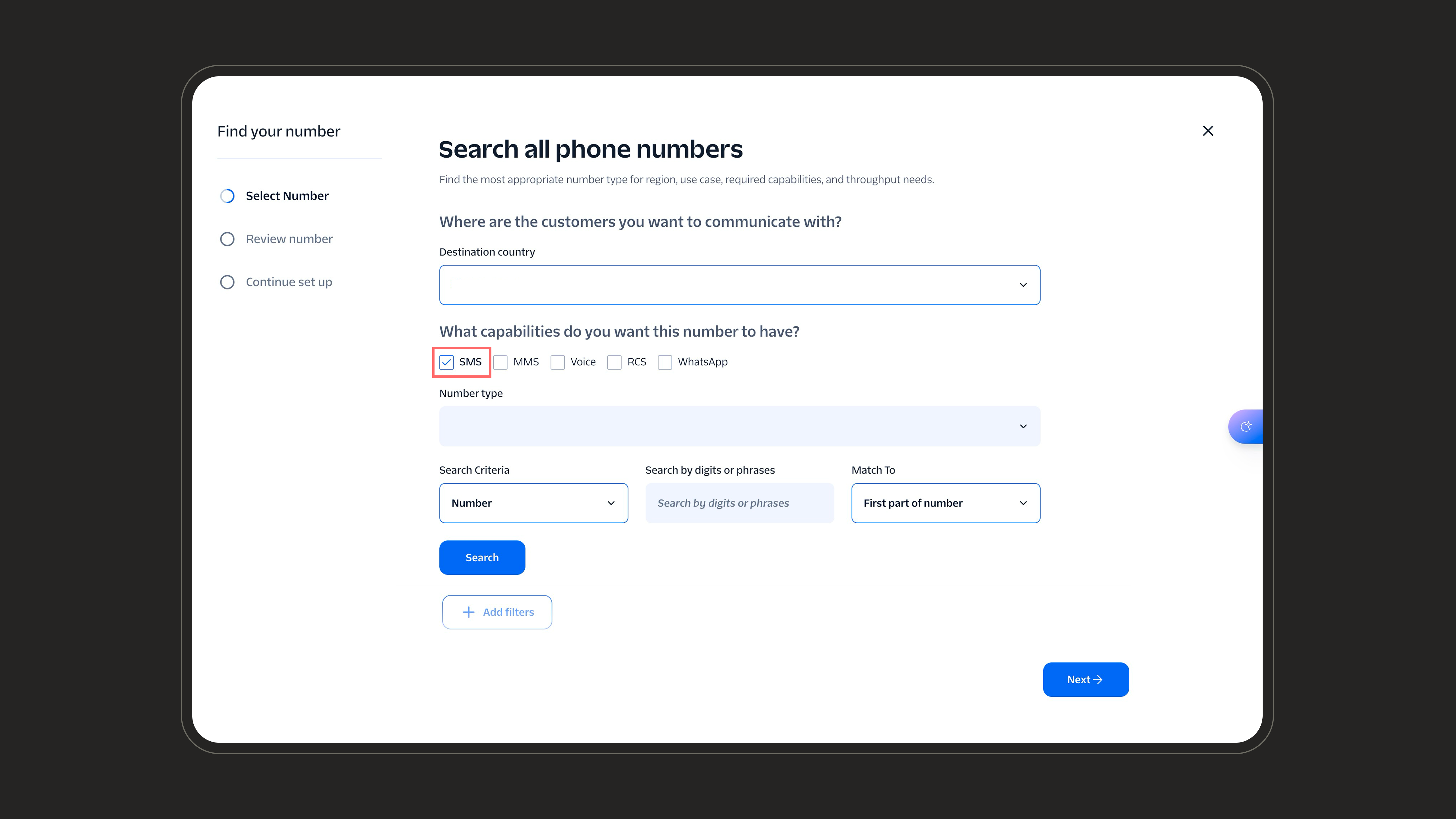 Select a phone number with SMS capability enabled