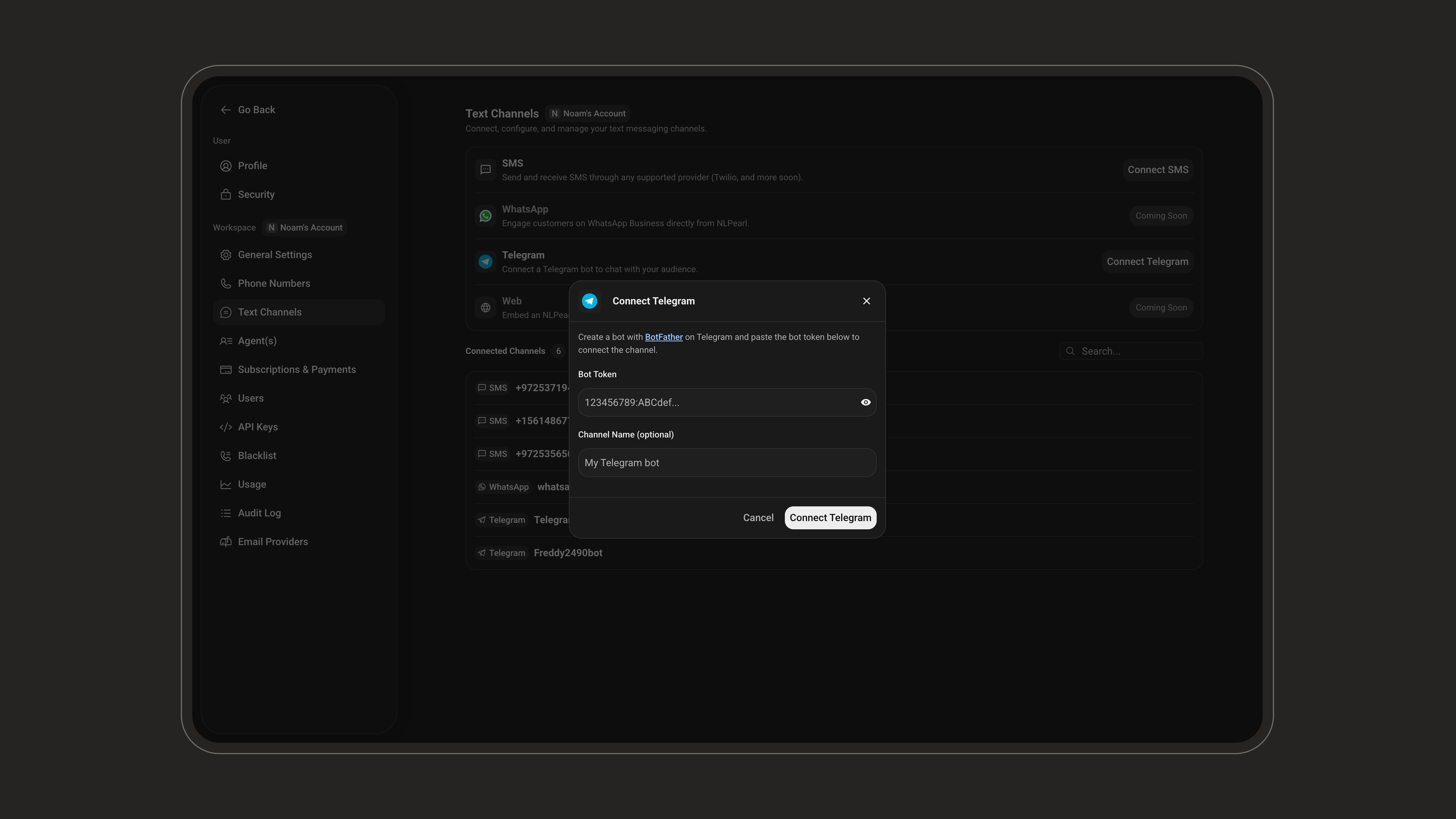 Connect Telegram dialog with bot token and channel name