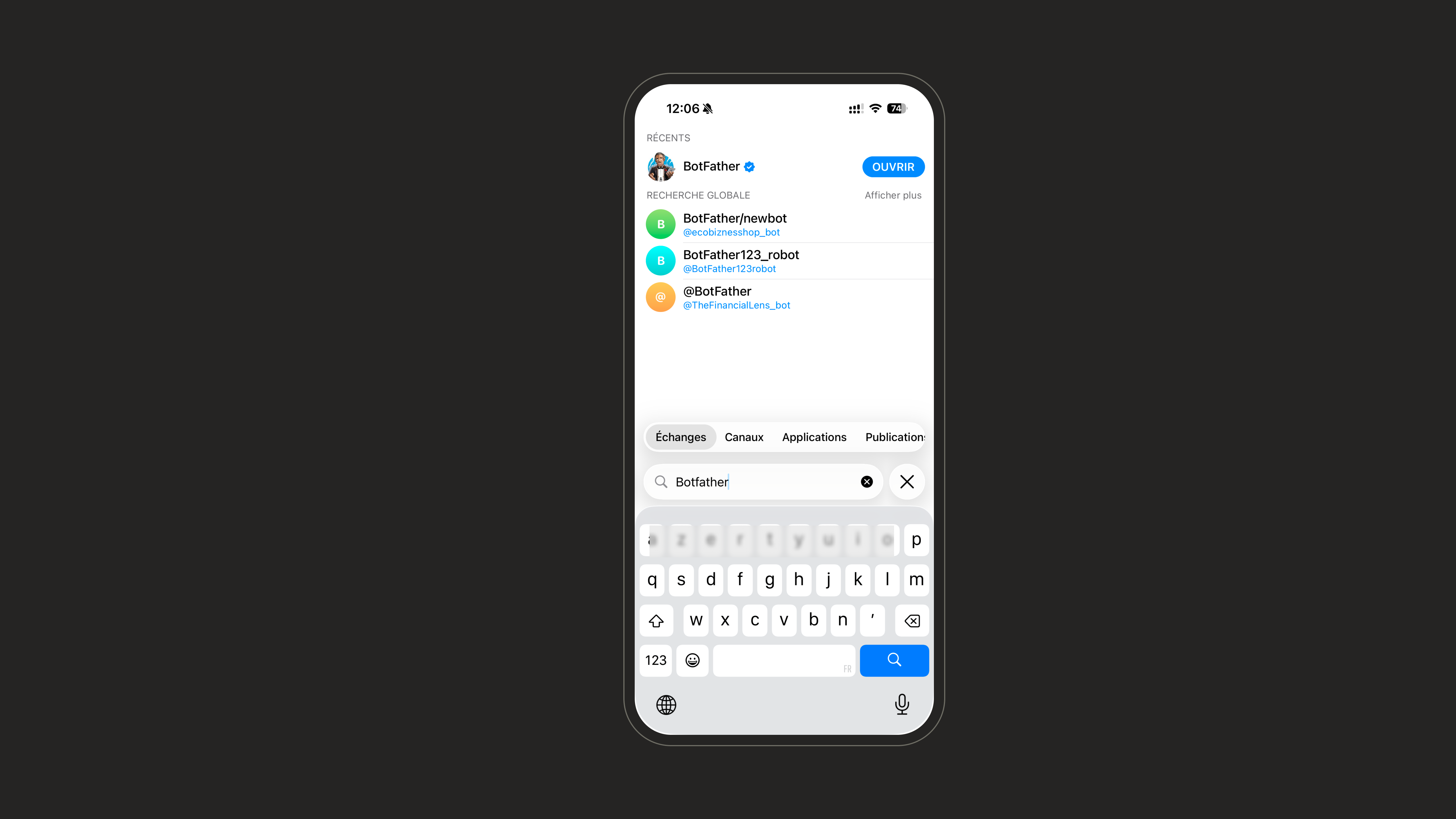Searching for BotFather in Telegram