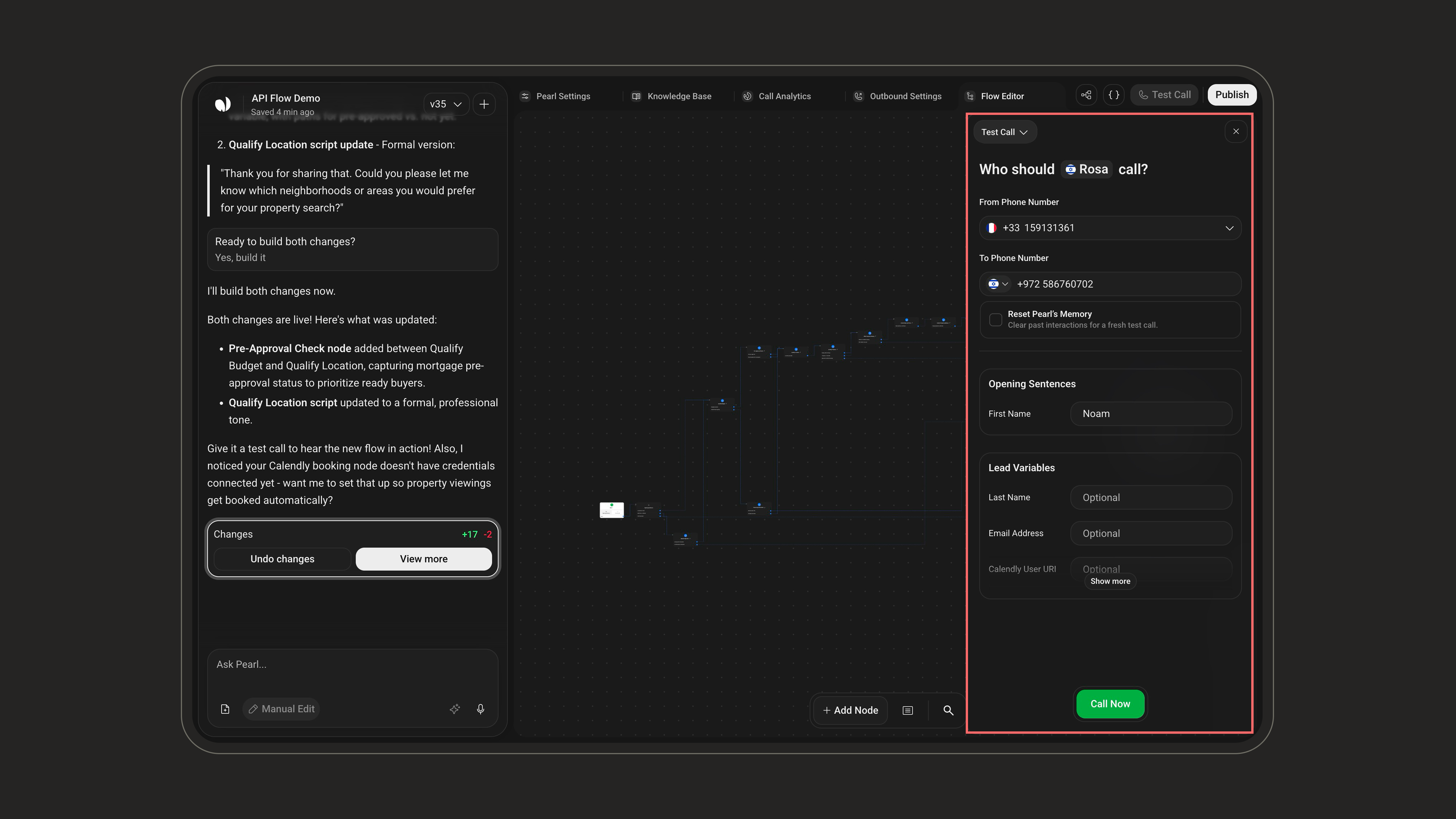 Test Call panel with phone numbers, lead variables, and Call Now button