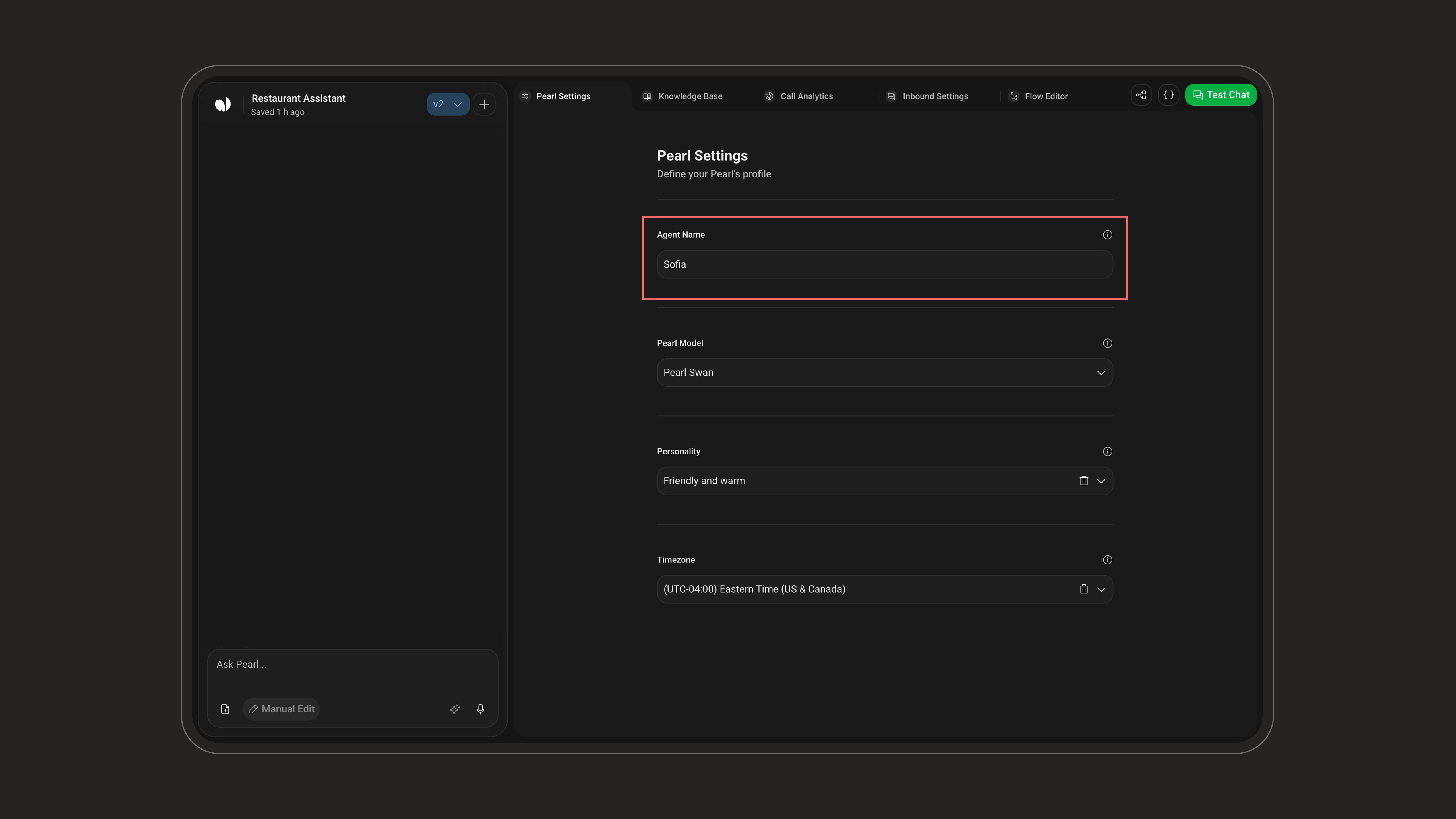 Agent Name in Pearl Settings