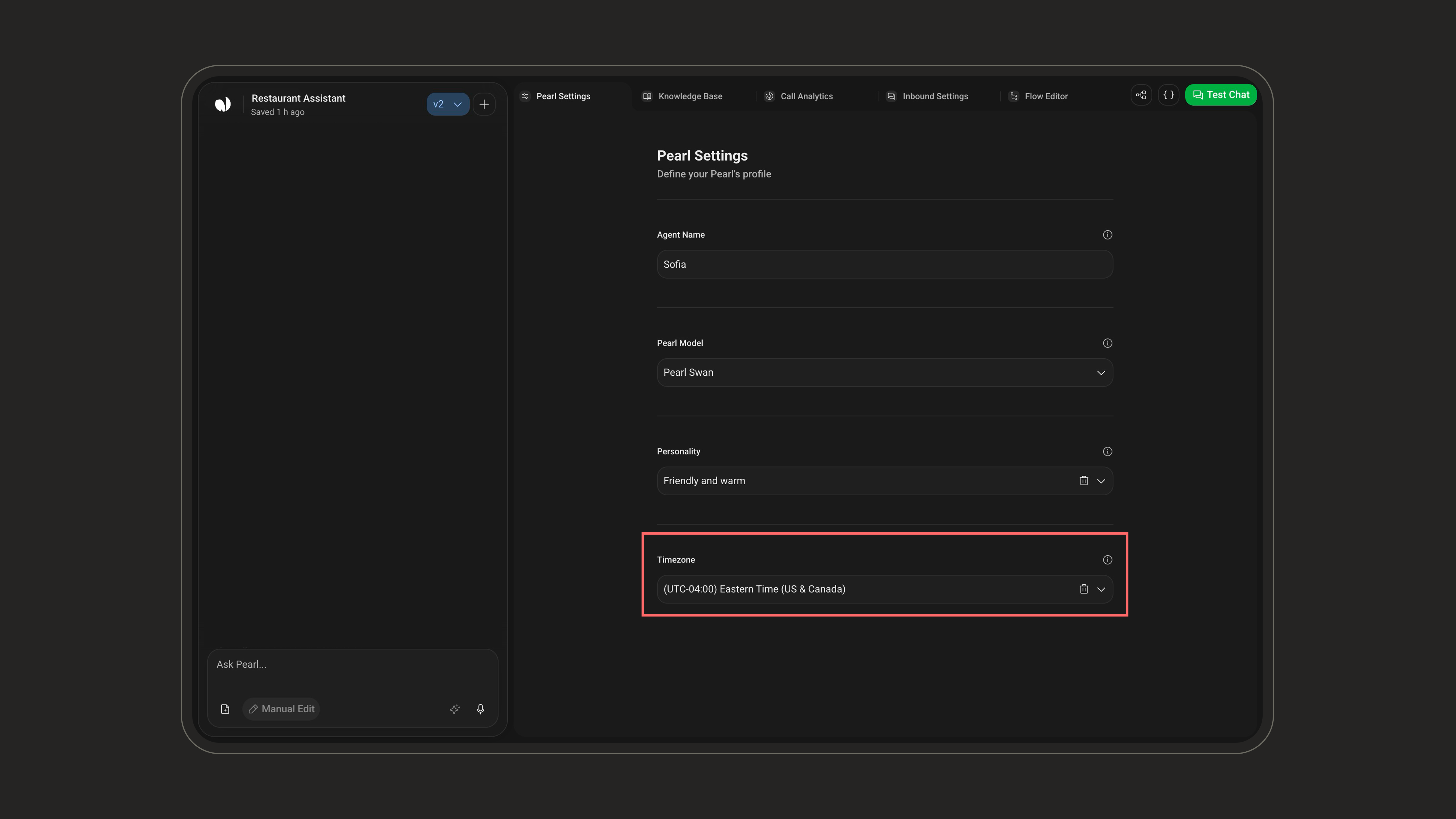 Timezone selection in Pearl Settings