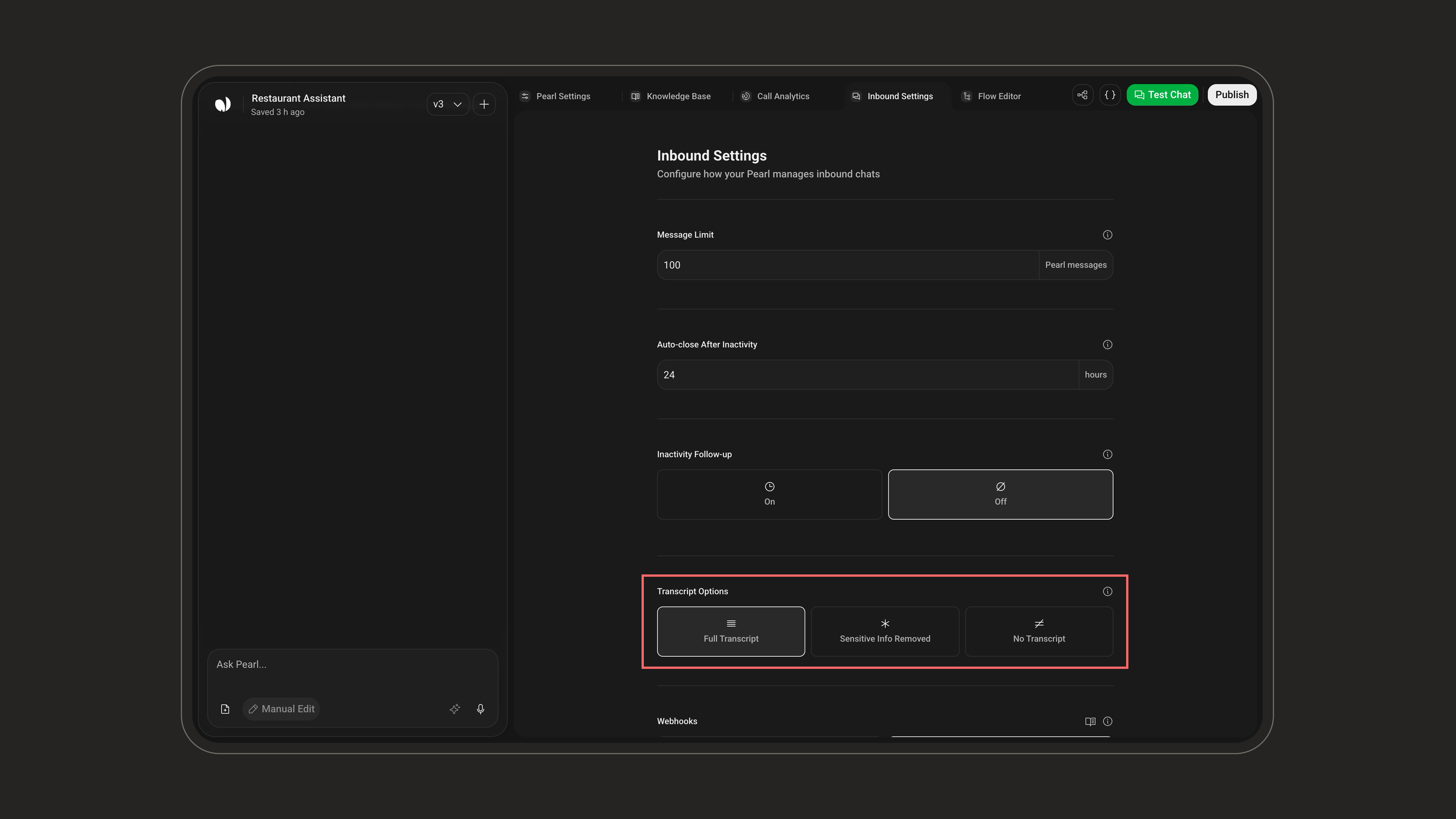 Transcript Options setting