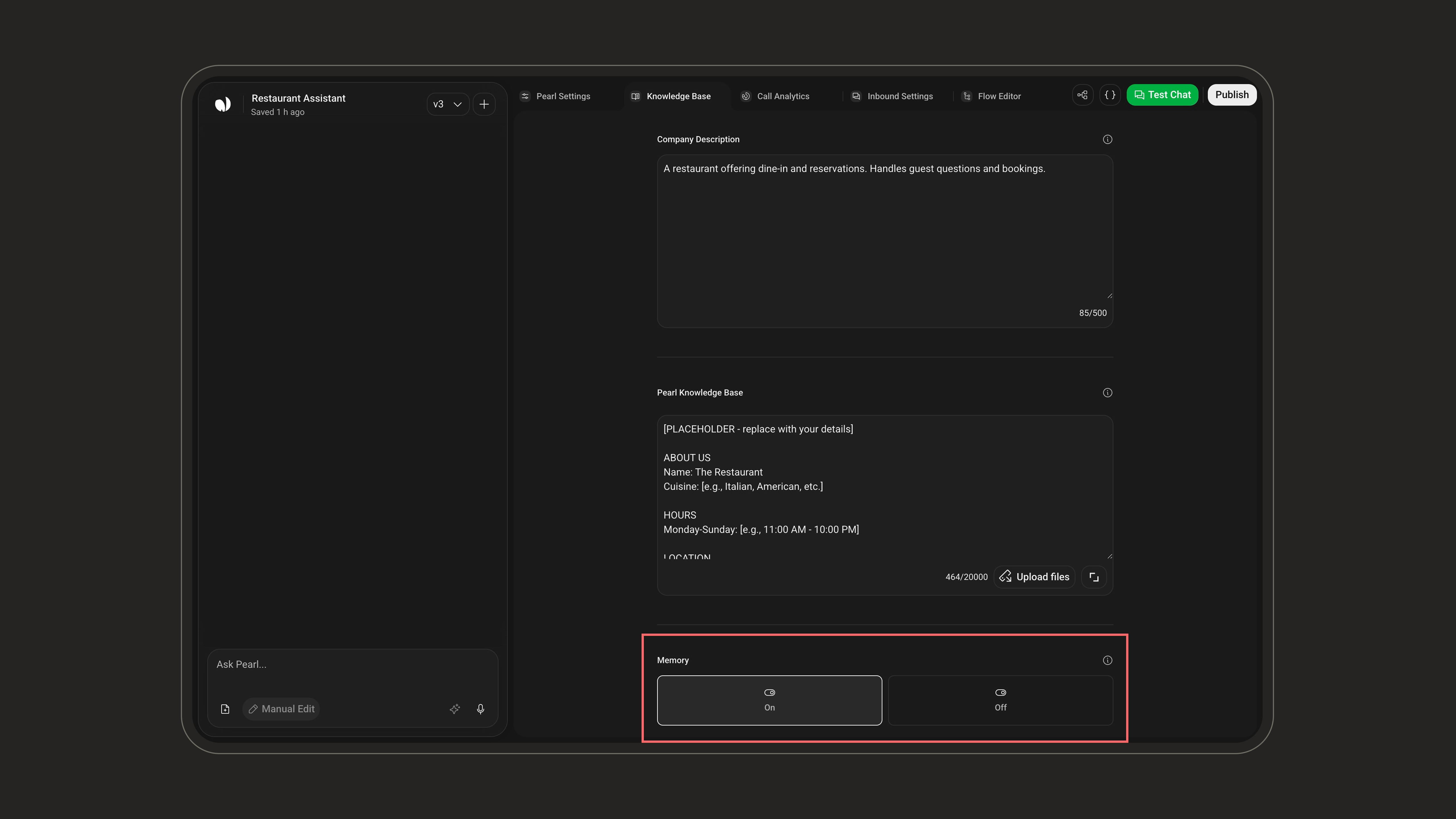 Memory On/Off toggle in the Knowledge Base