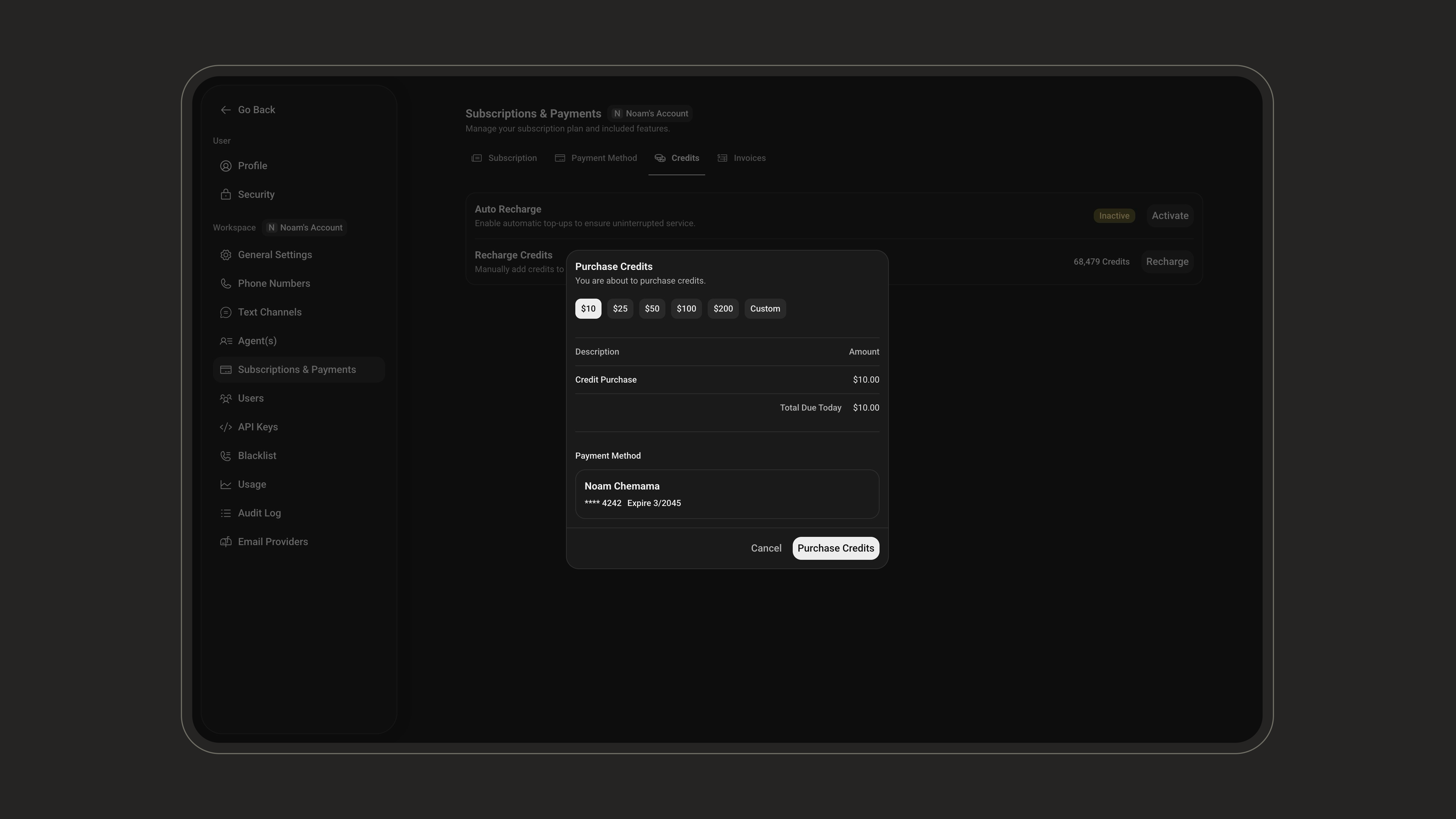 Buy credits instantly on the Subscription & Payment page