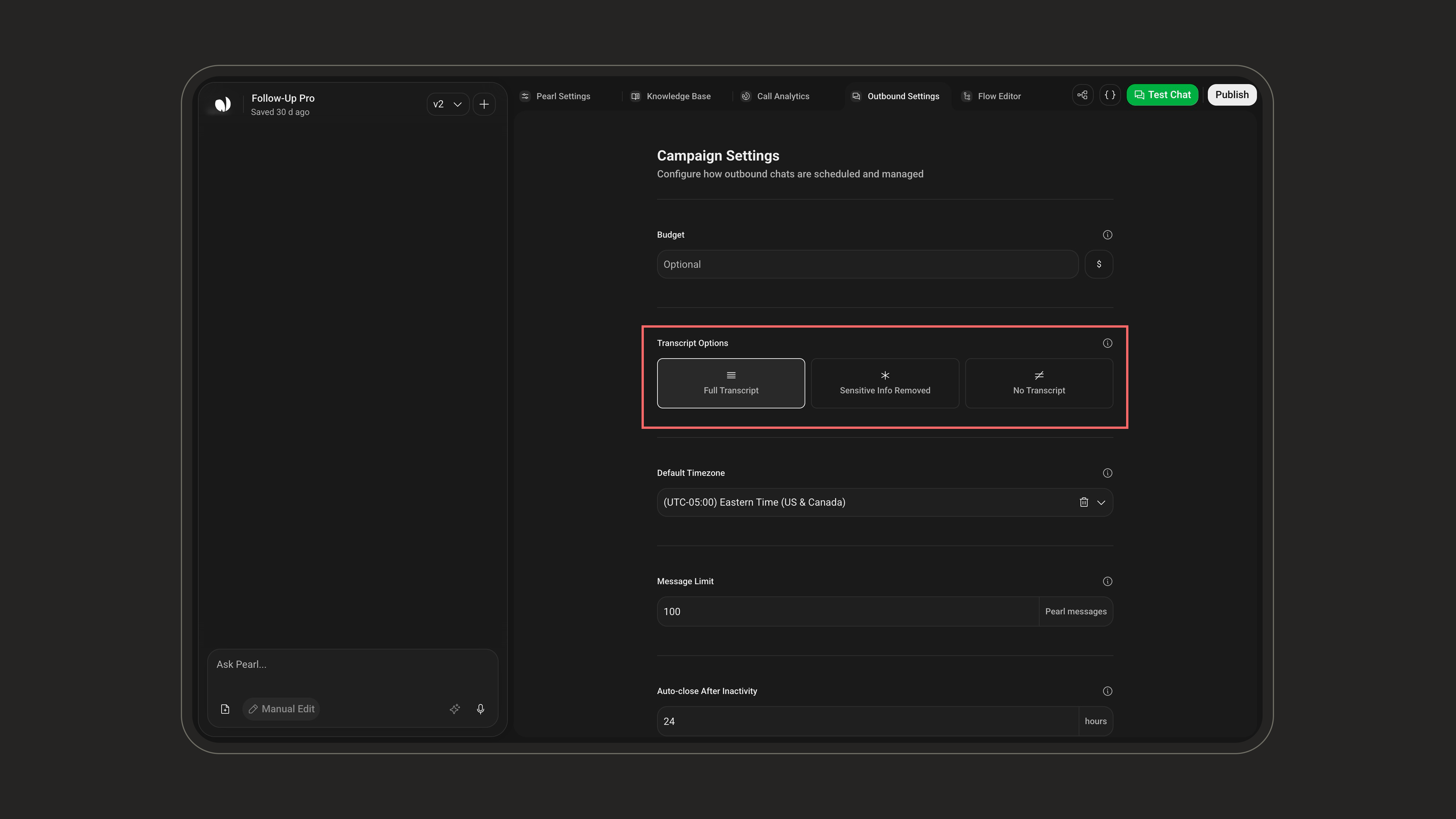Transcript Options setting