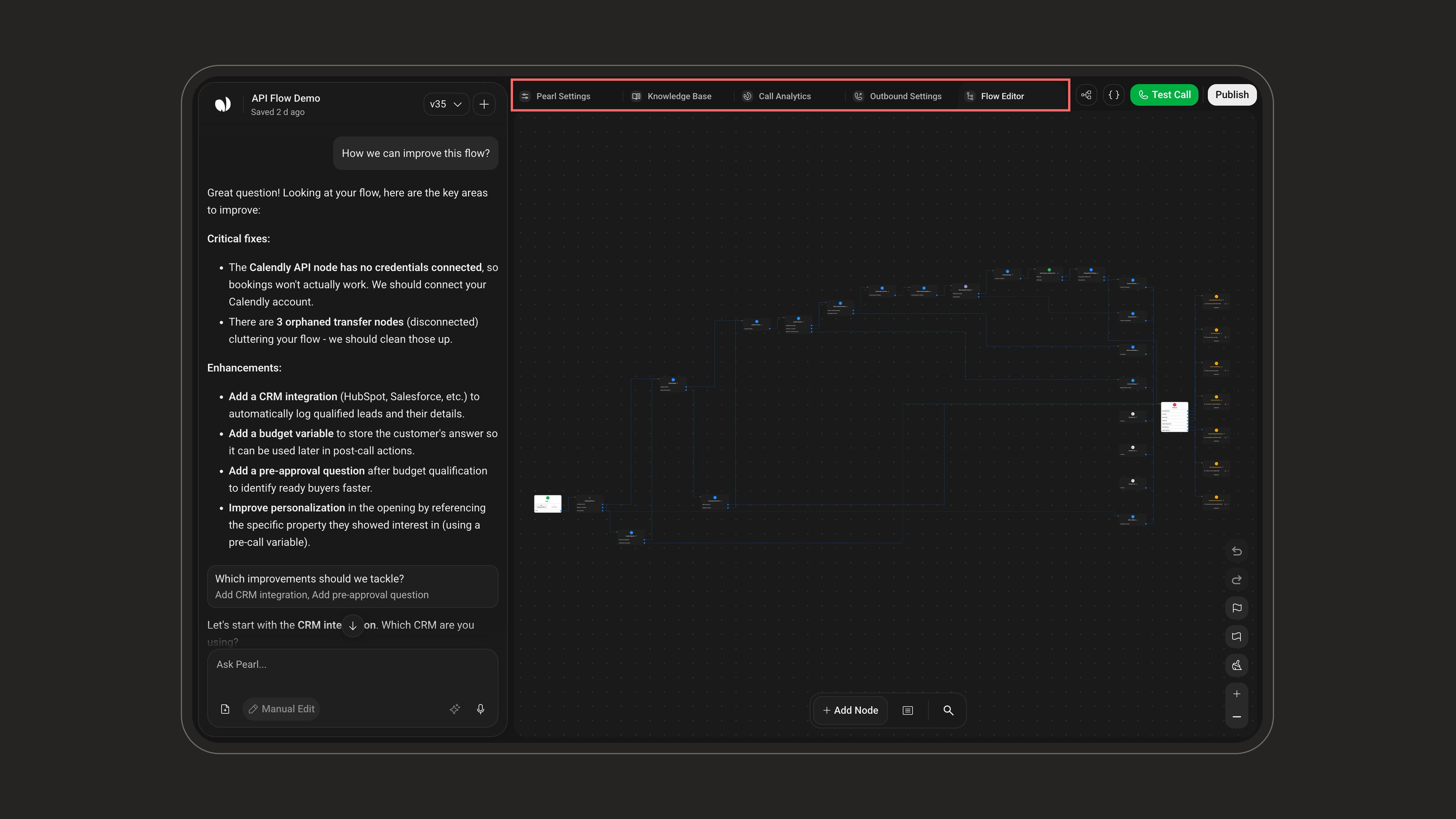 Top navigation tabs: Pearl Settings, Knowledge Base, Analytics, campaign settings, and Flow Editor