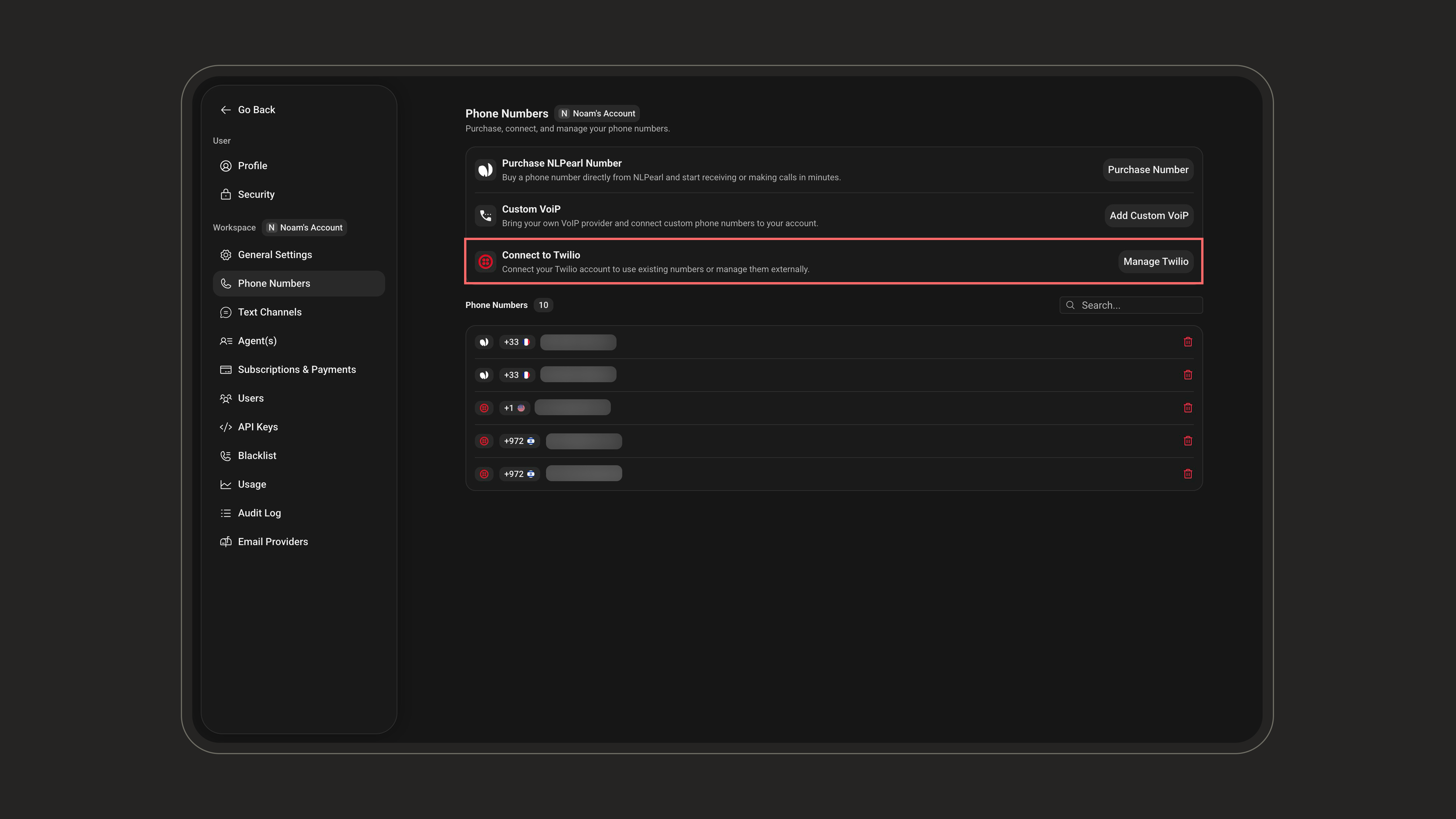 Connect to Twilio from the Phone Numbers settings