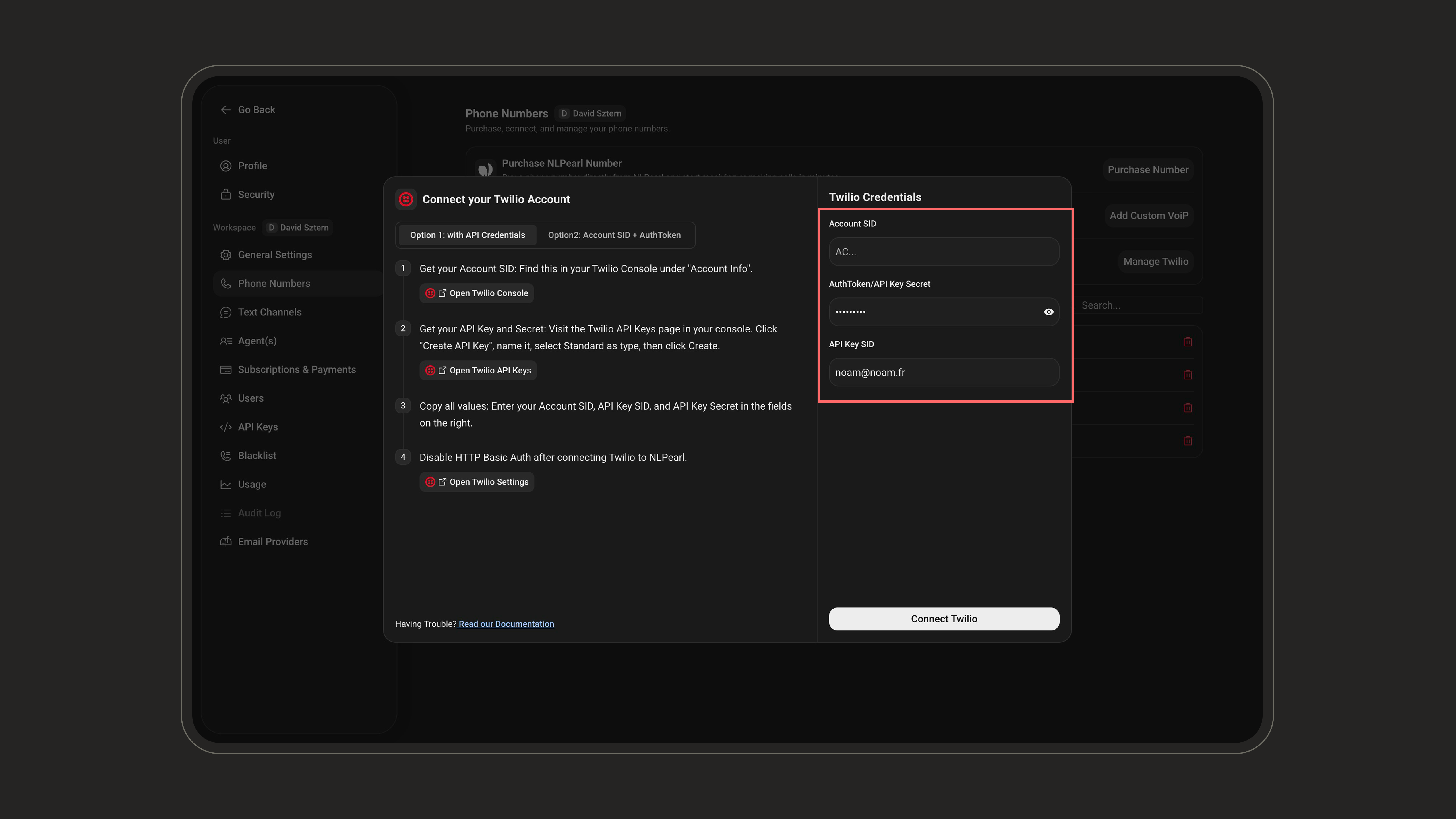 Twilio credentials using an API Key