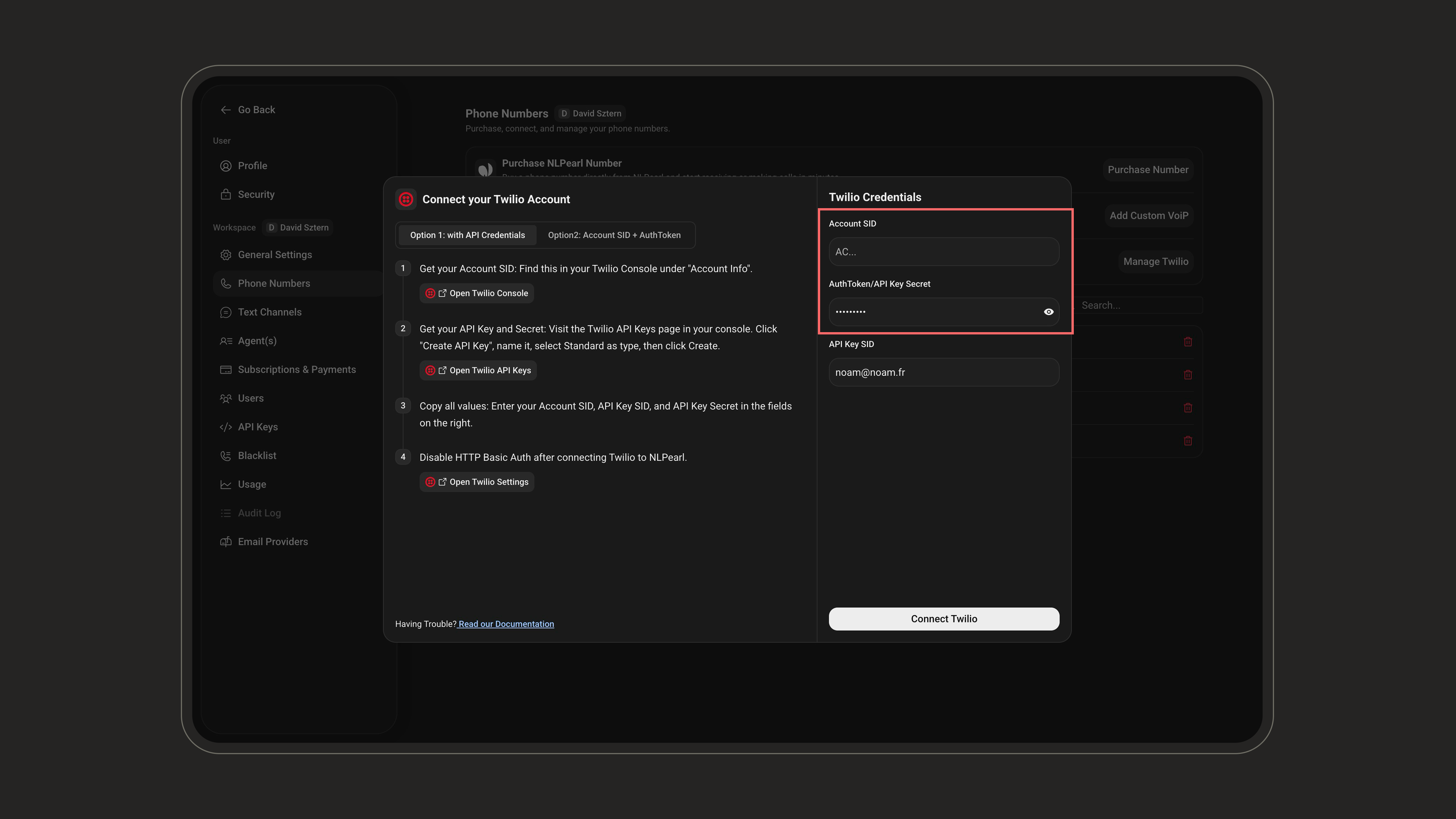 Twilio credentials using Account SID and Auth Token