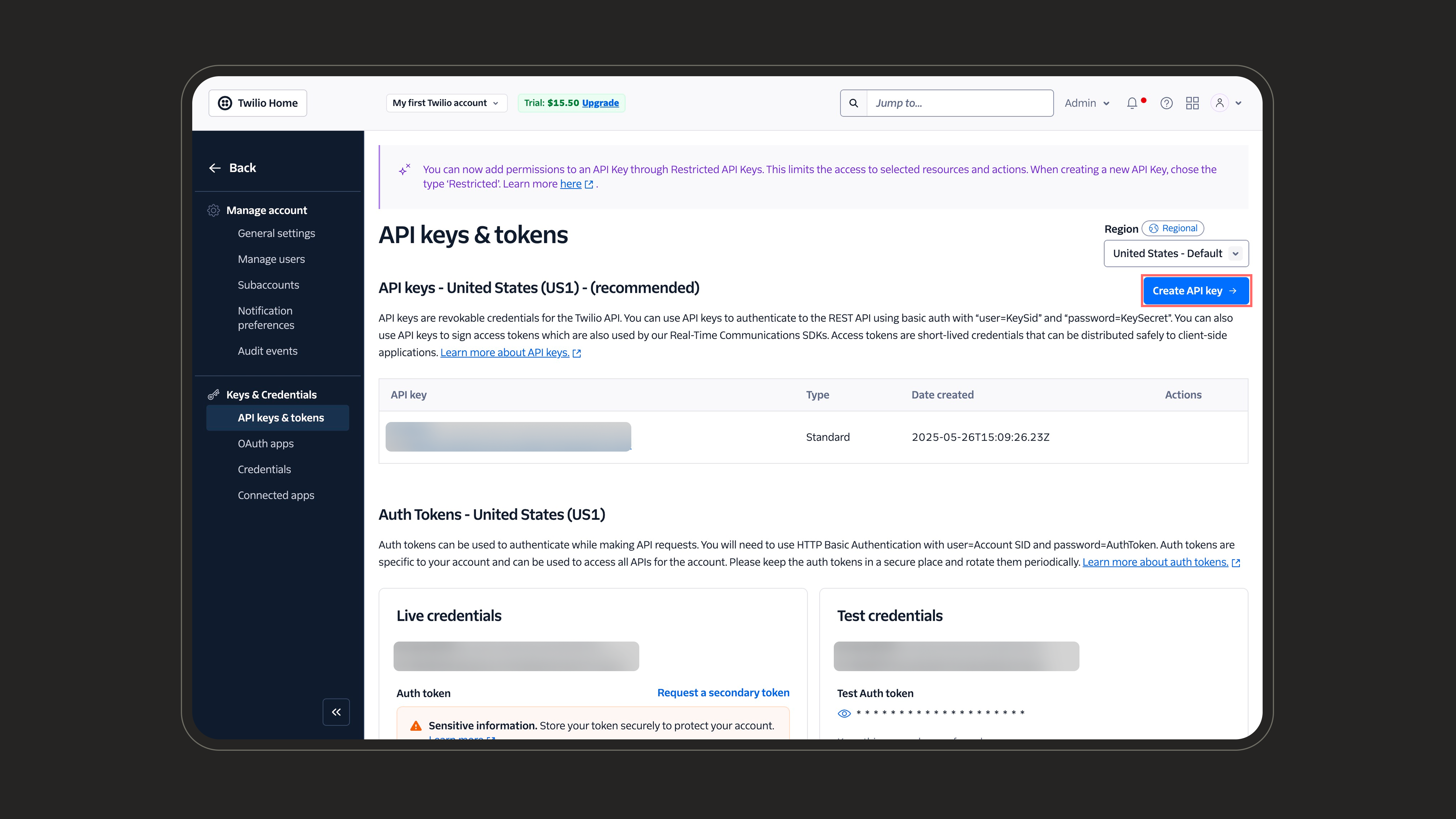 Twilio API keys & tokens page with Create API key