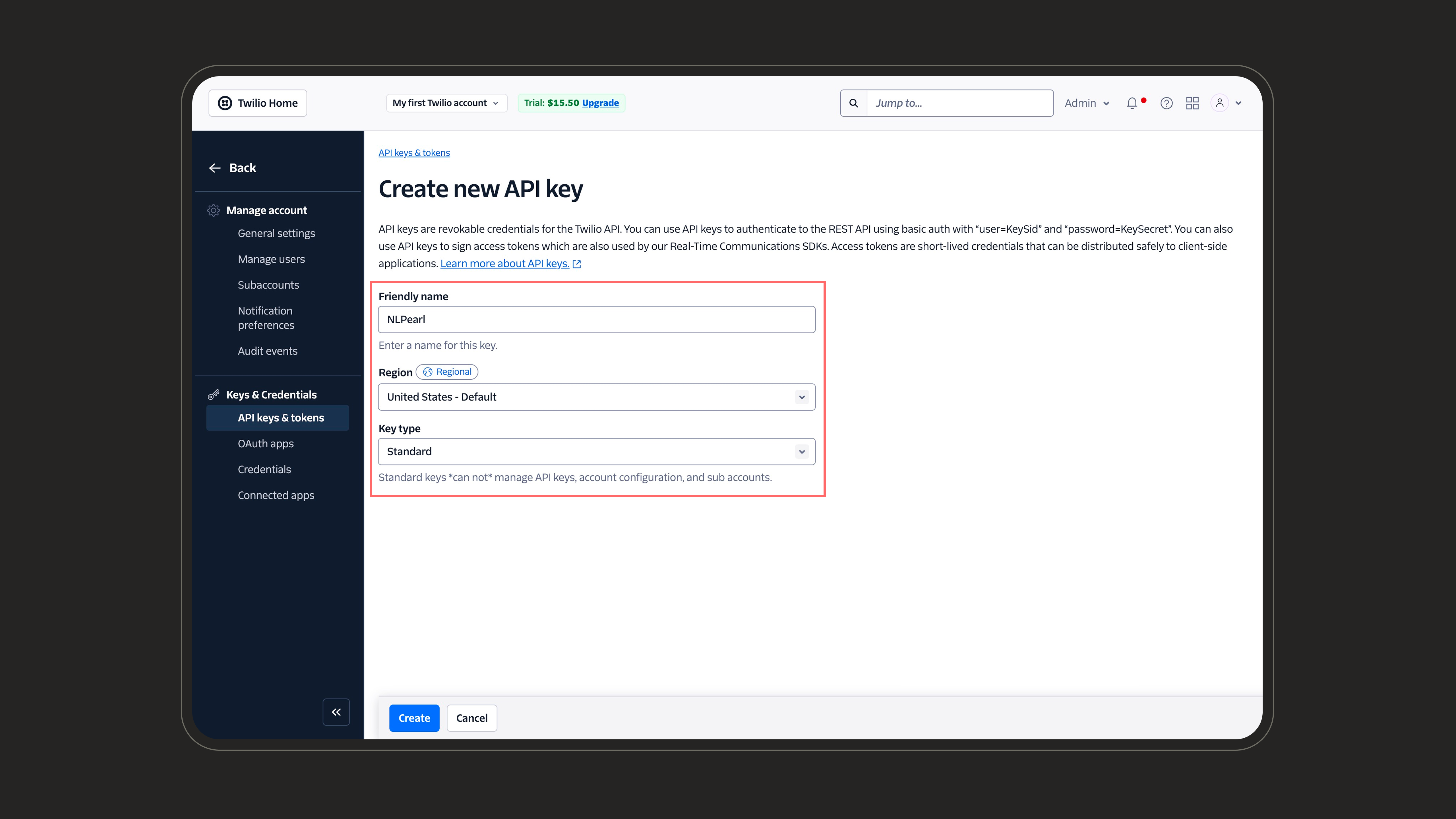 Create a new Twilio API key with Standard type
