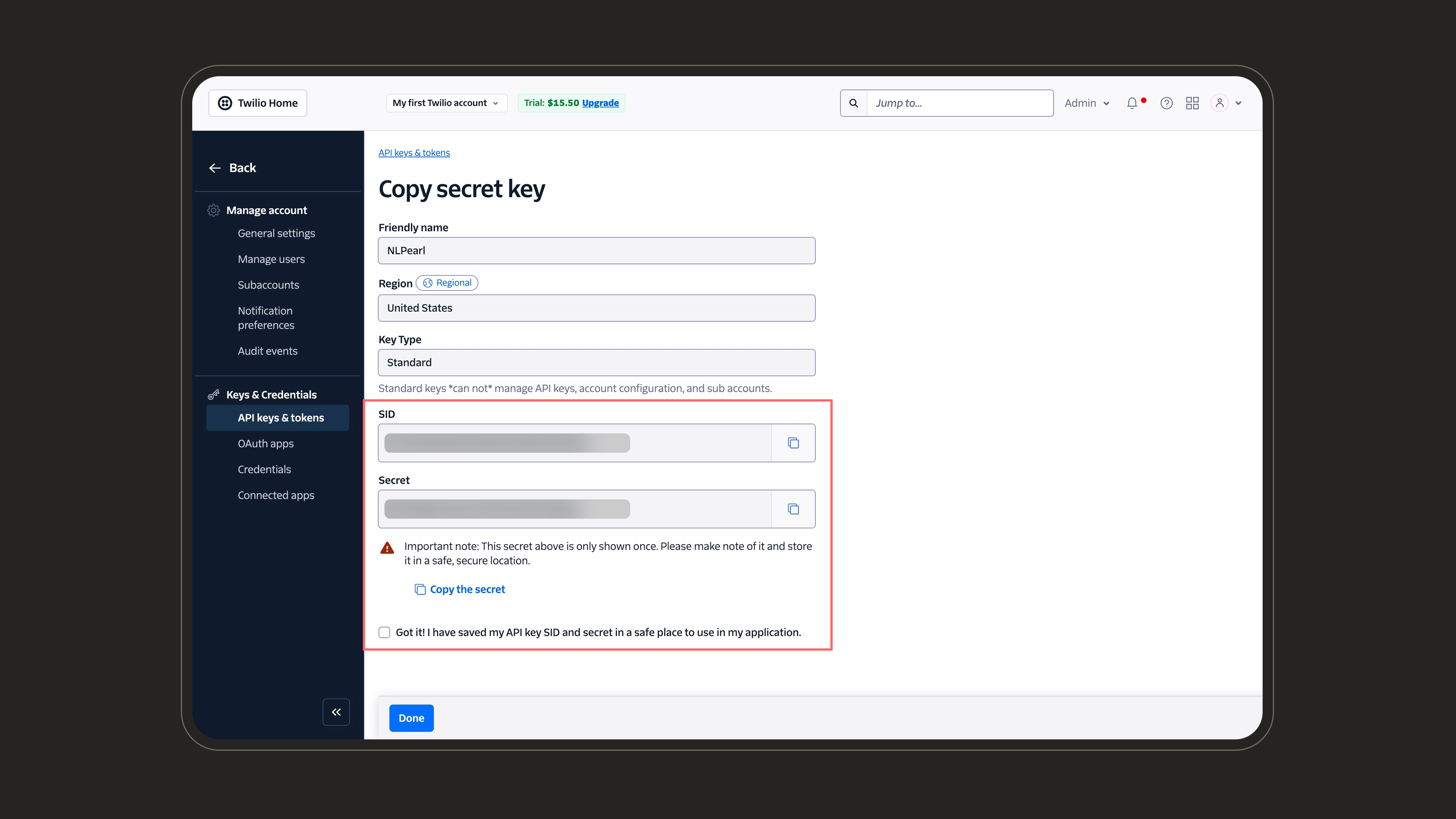 Copy the Twilio API key SID and secret