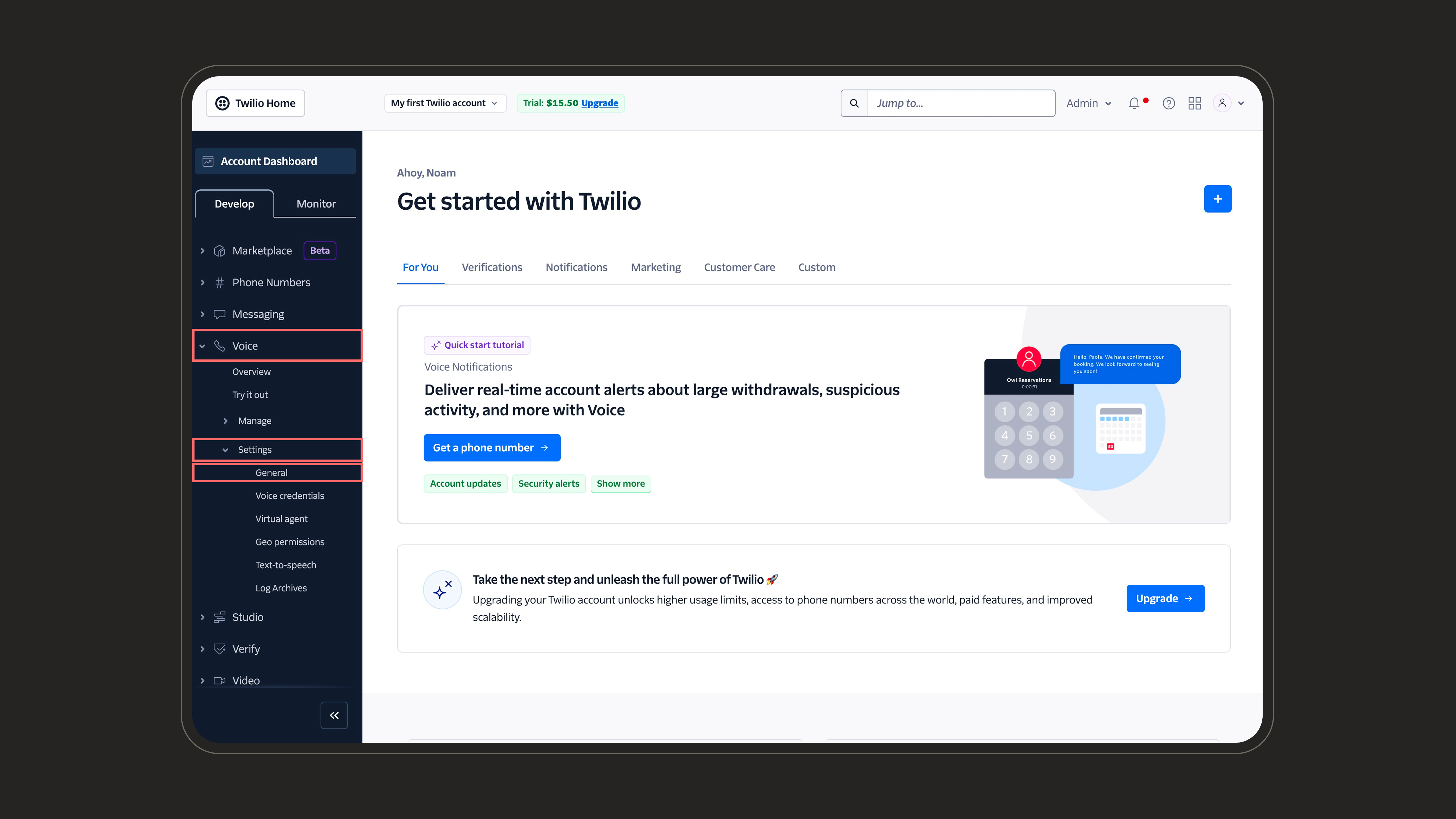 Open Voice > Settings > General in the Twilio Console