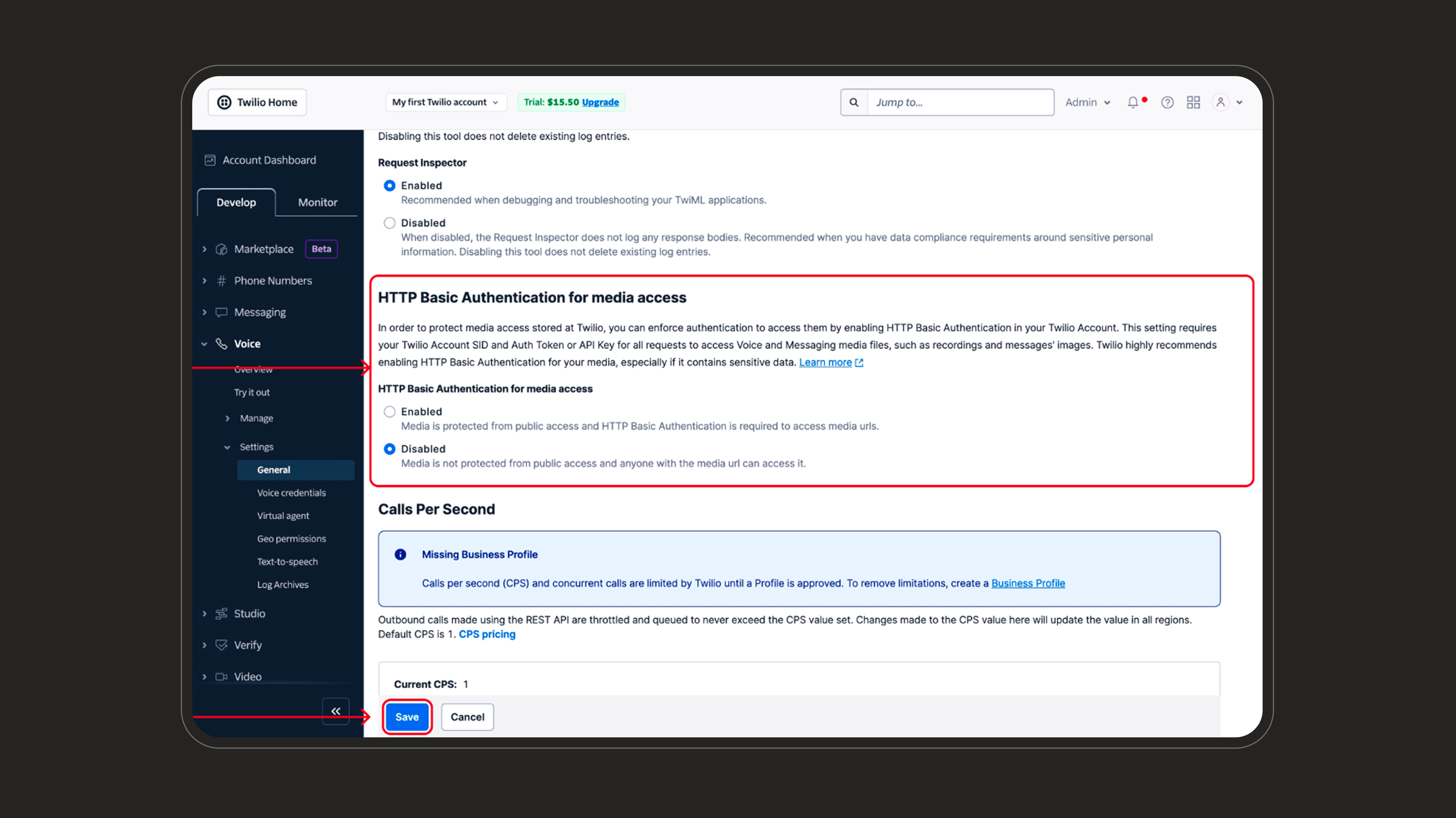 Disable HTTP Basic Authentication for media access in Twilio