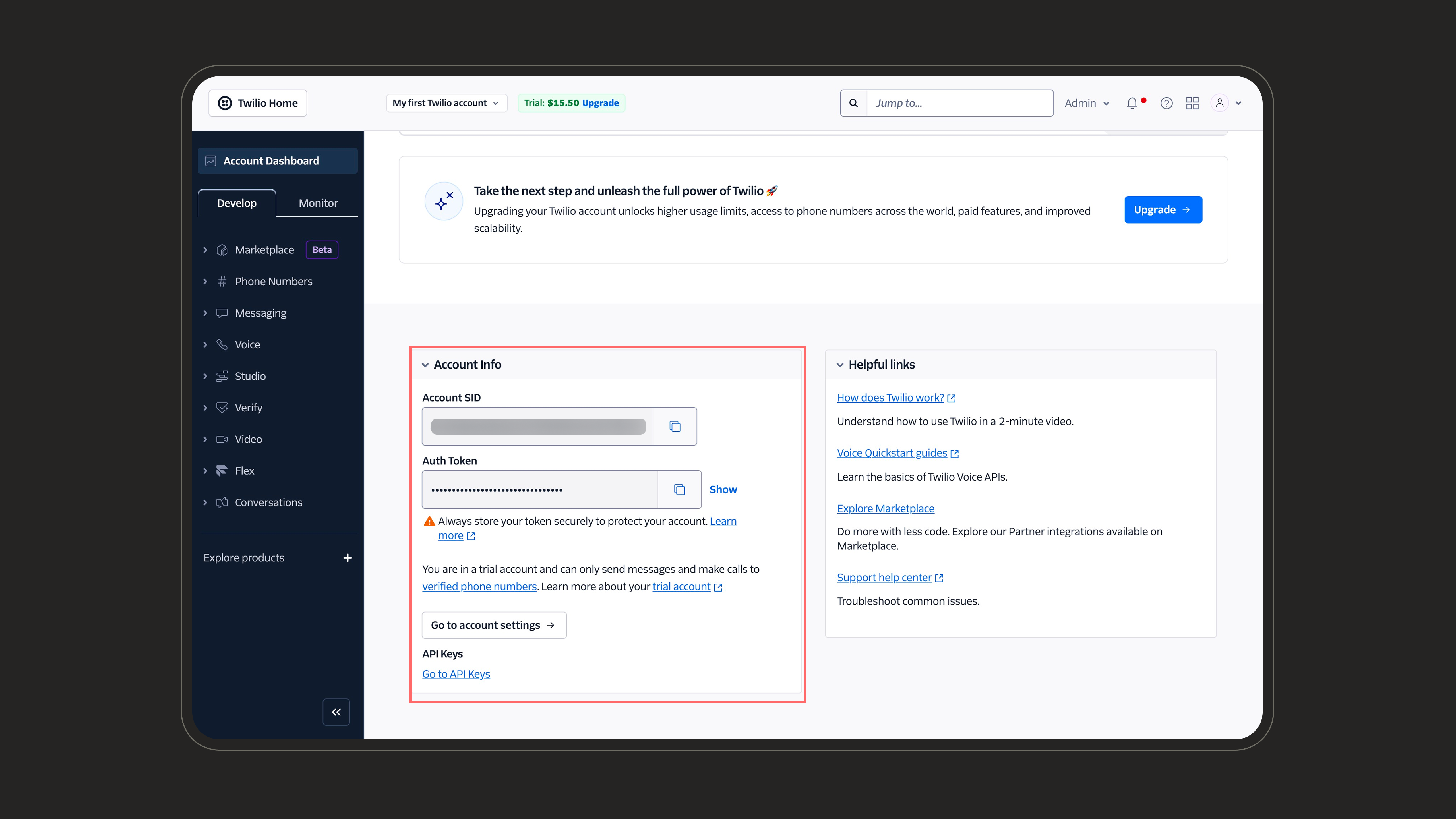Account SID and Auth Token in the Twilio Account Info panel