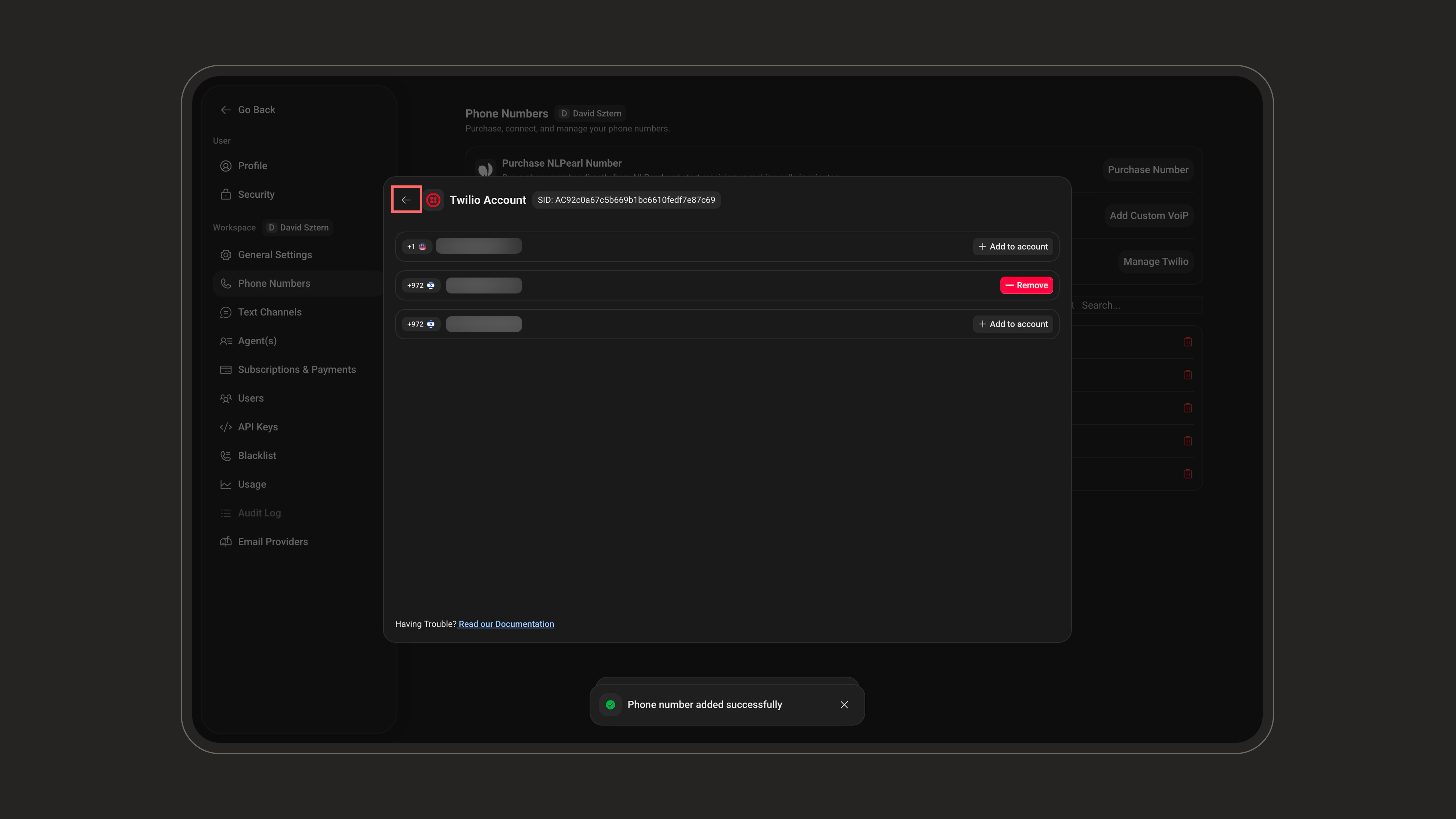 Manage or switch the connected Twilio account