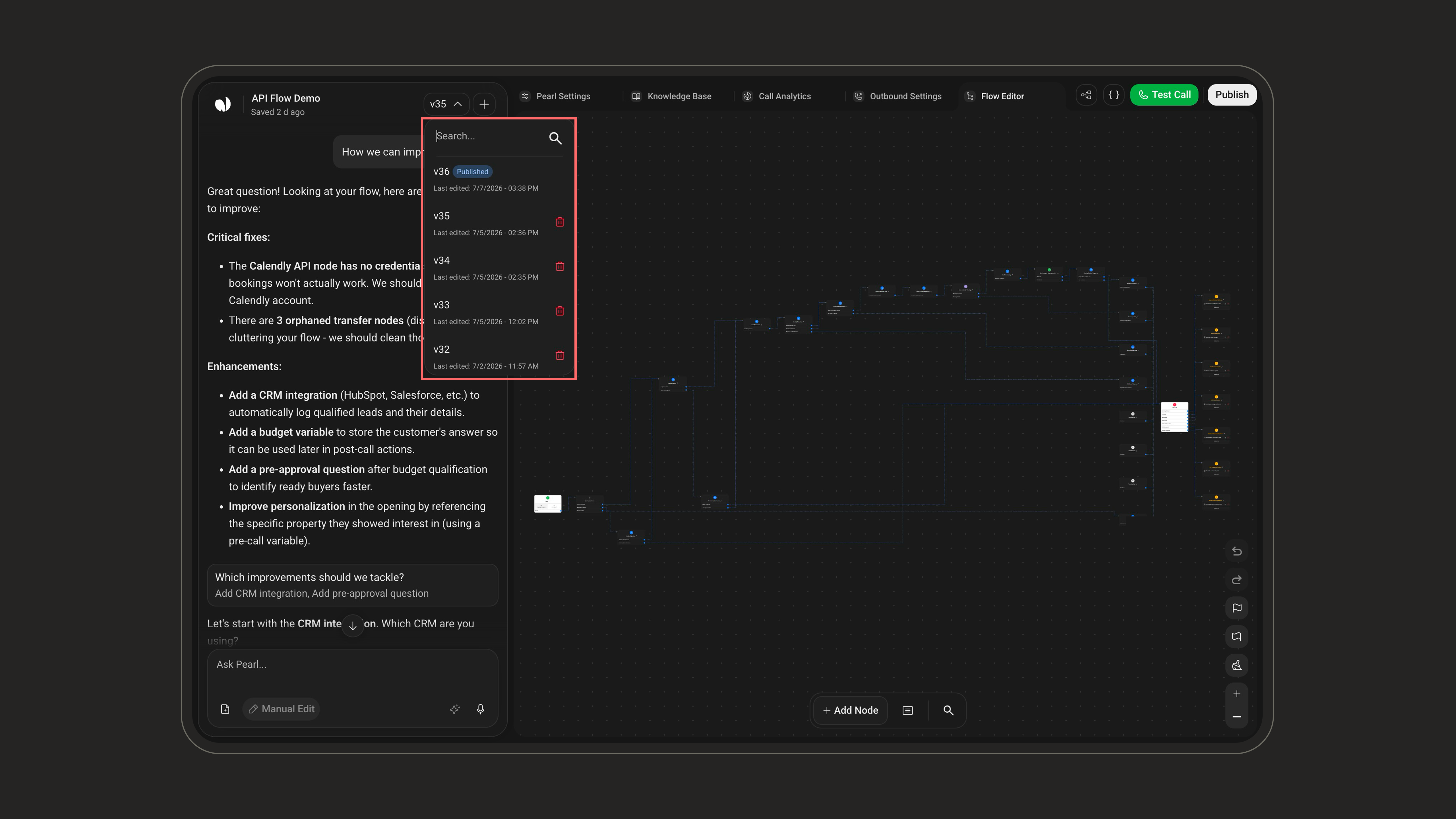 Version history dropdown with a Published badge on the live version