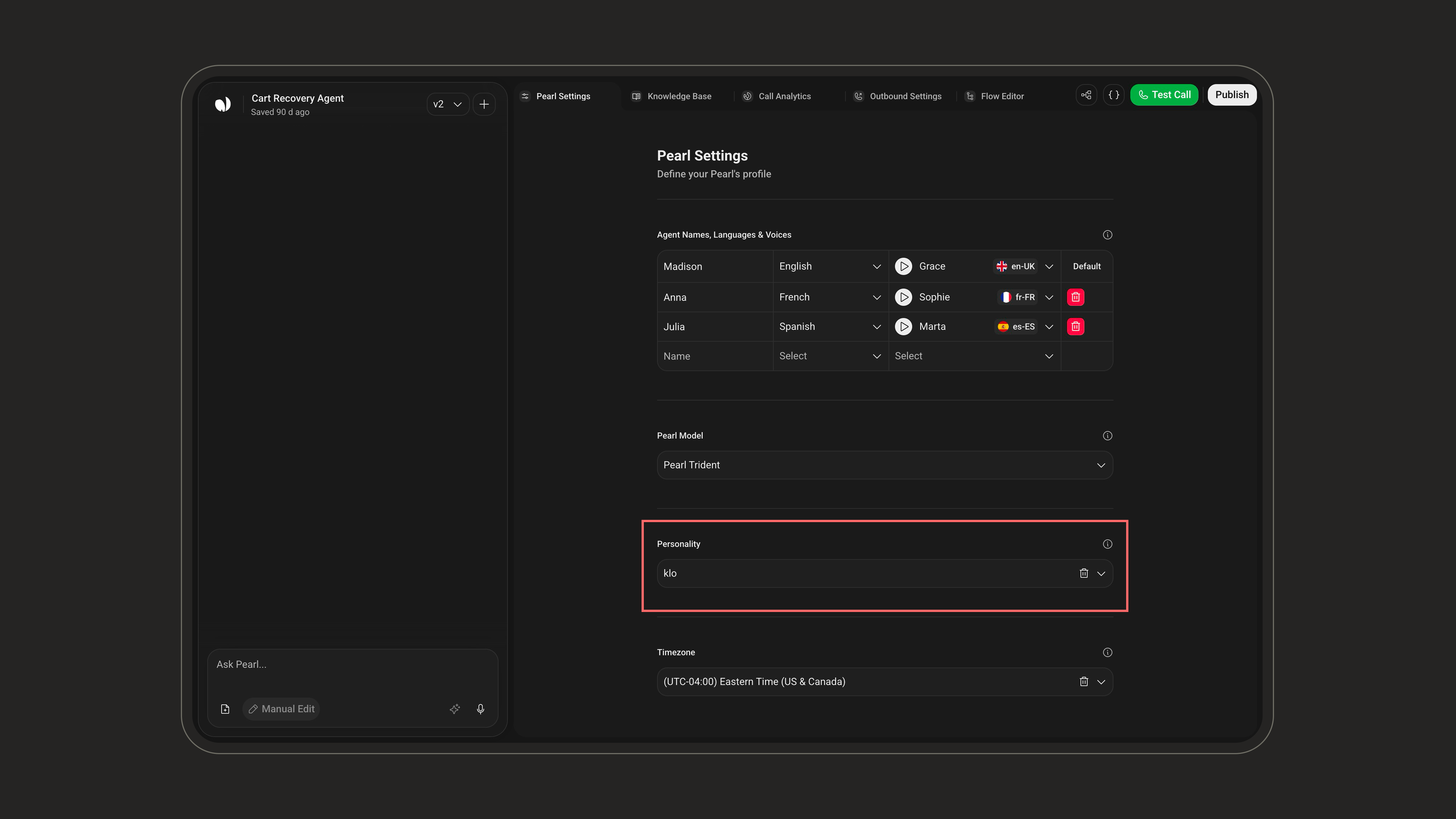 Personality selection in Pearl Settings
