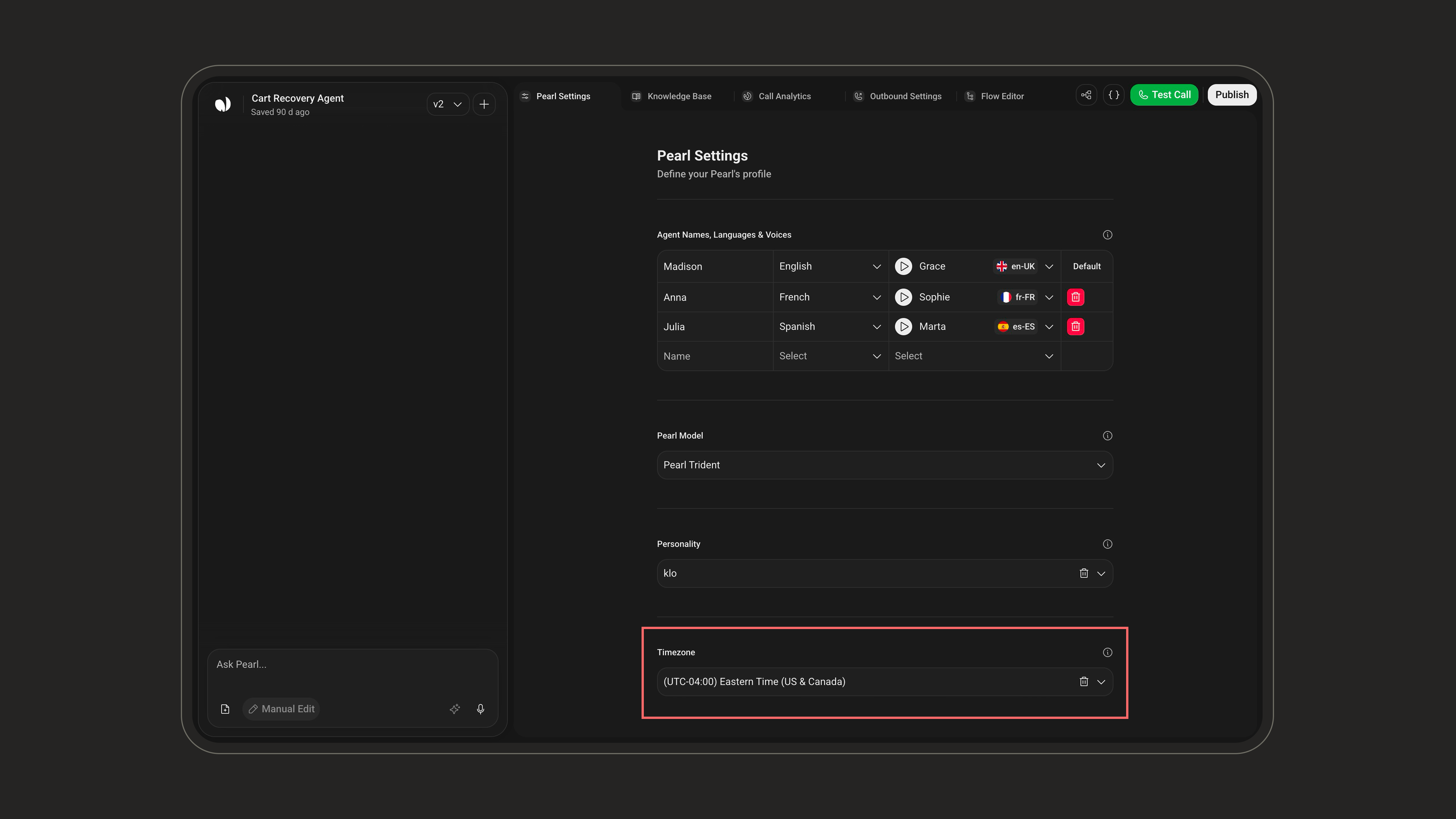 Timezone selection in Pearl Settings