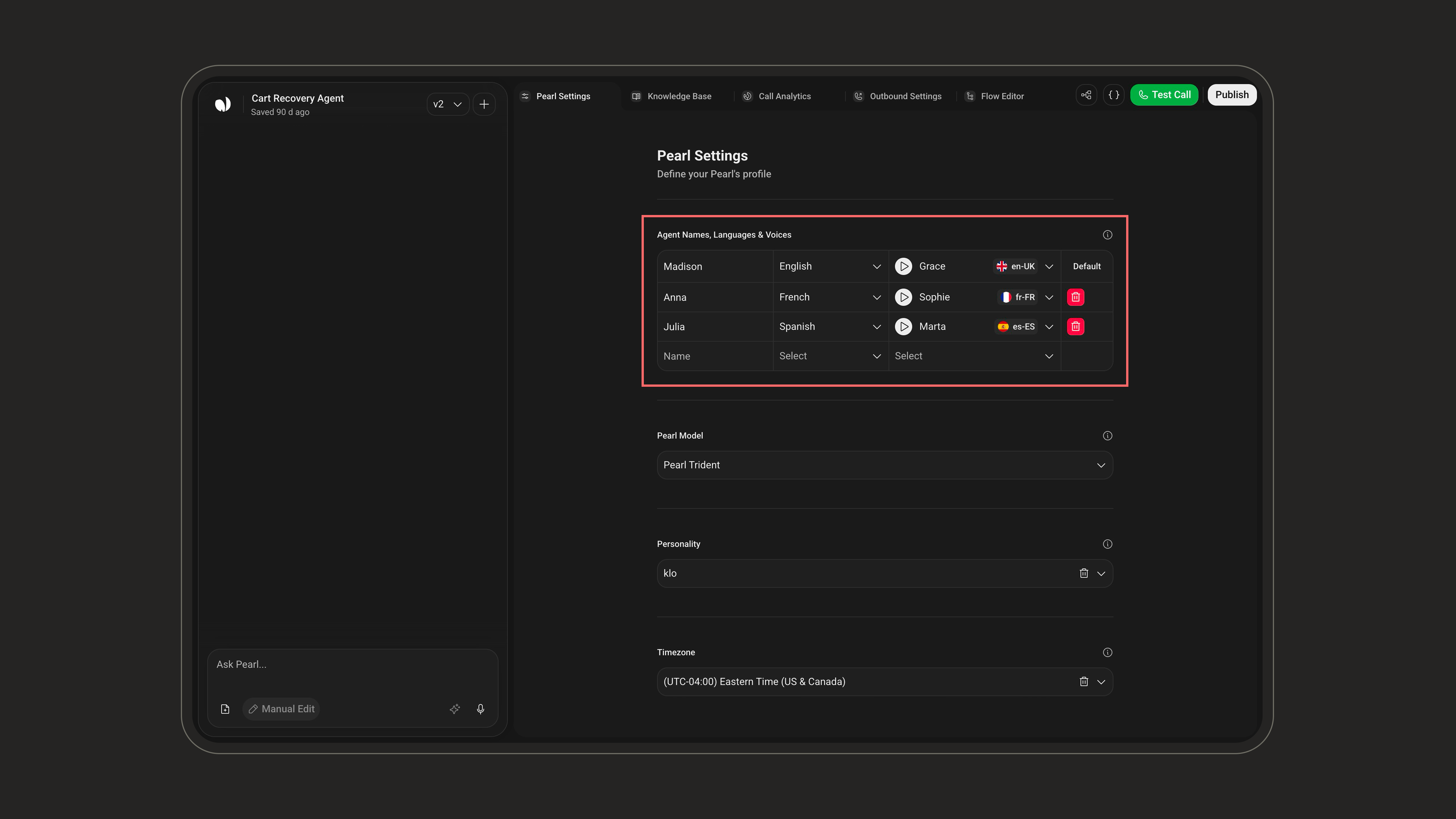 Agent Names, Languages & Voices section in Pearl Settings