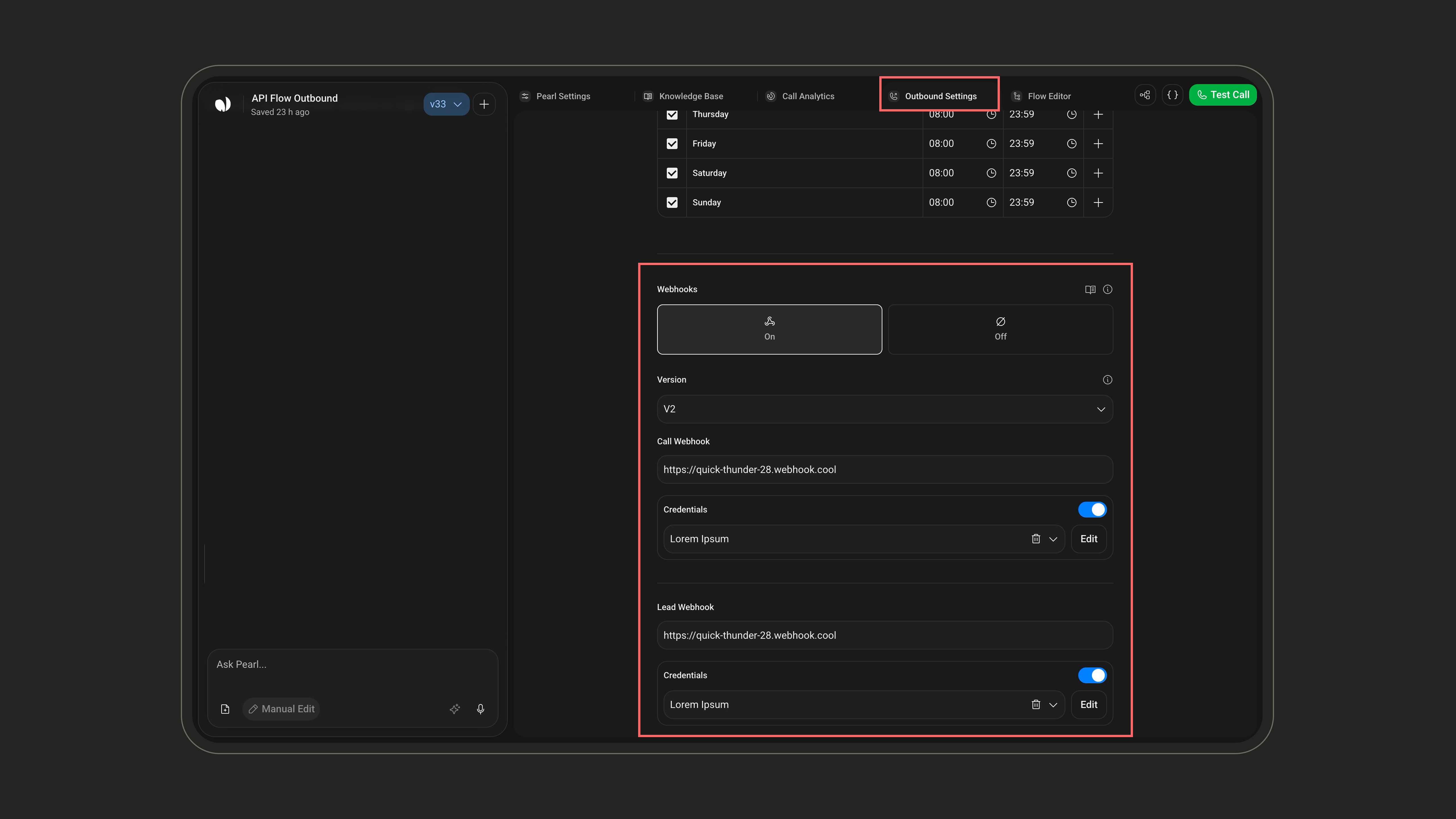 Webhook settings on light mode