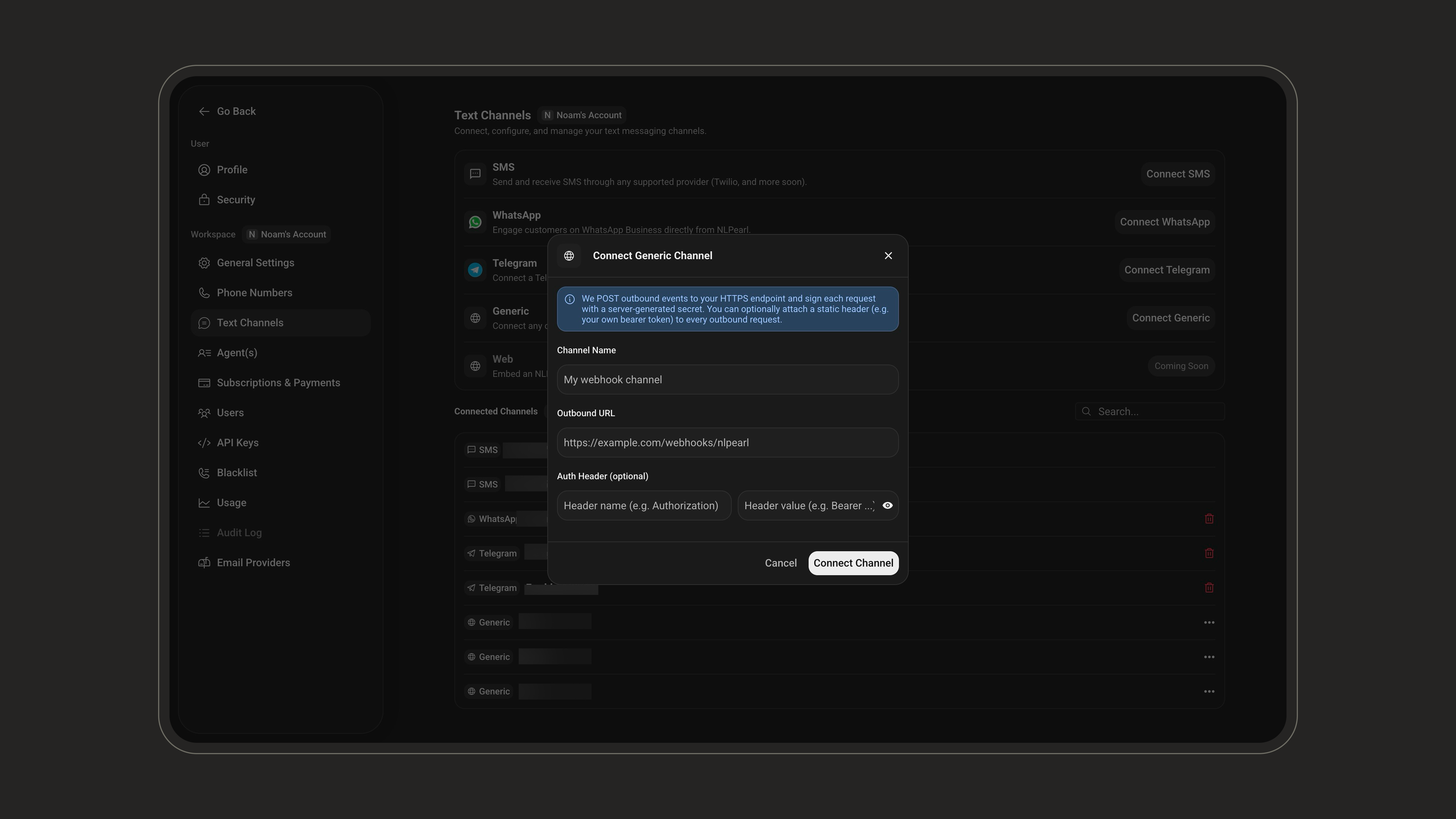 Connect Generic Channel dialog with channel name, outbound URL, and optional auth header fields