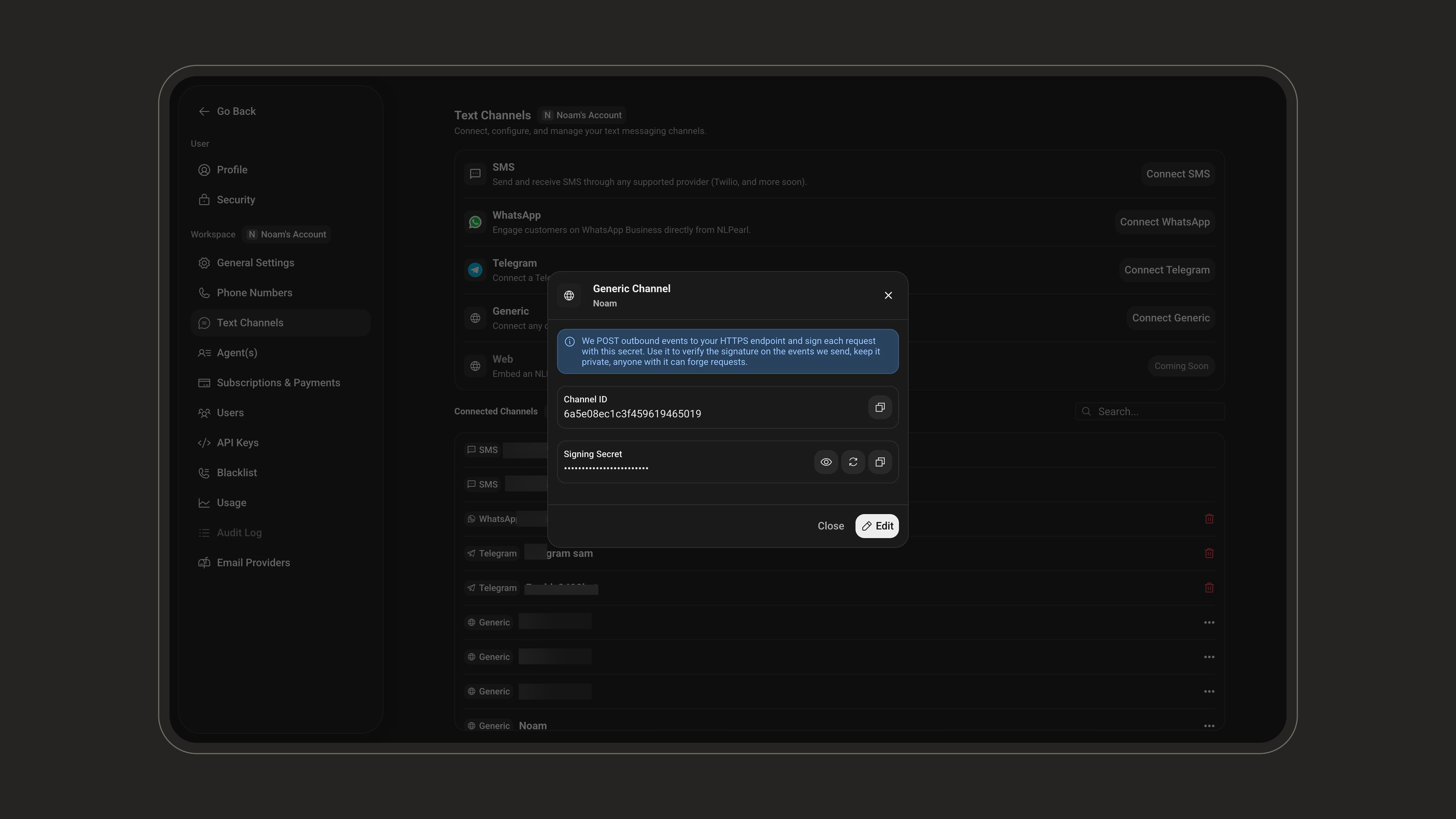 Generic Channel details dialog showing the Channel ID and Signing Secret