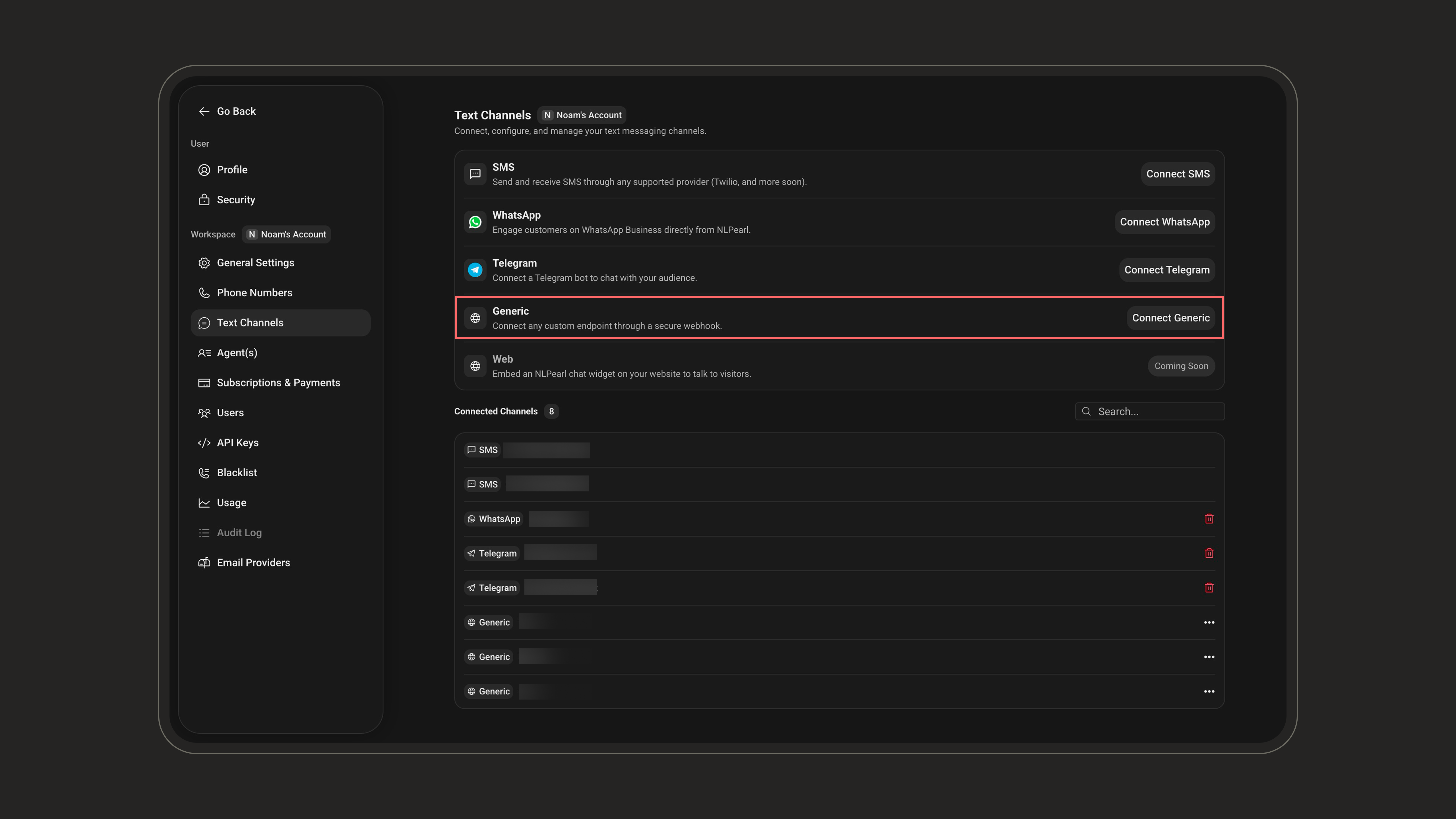 Generic option highlighted on the Text Channels settings page
