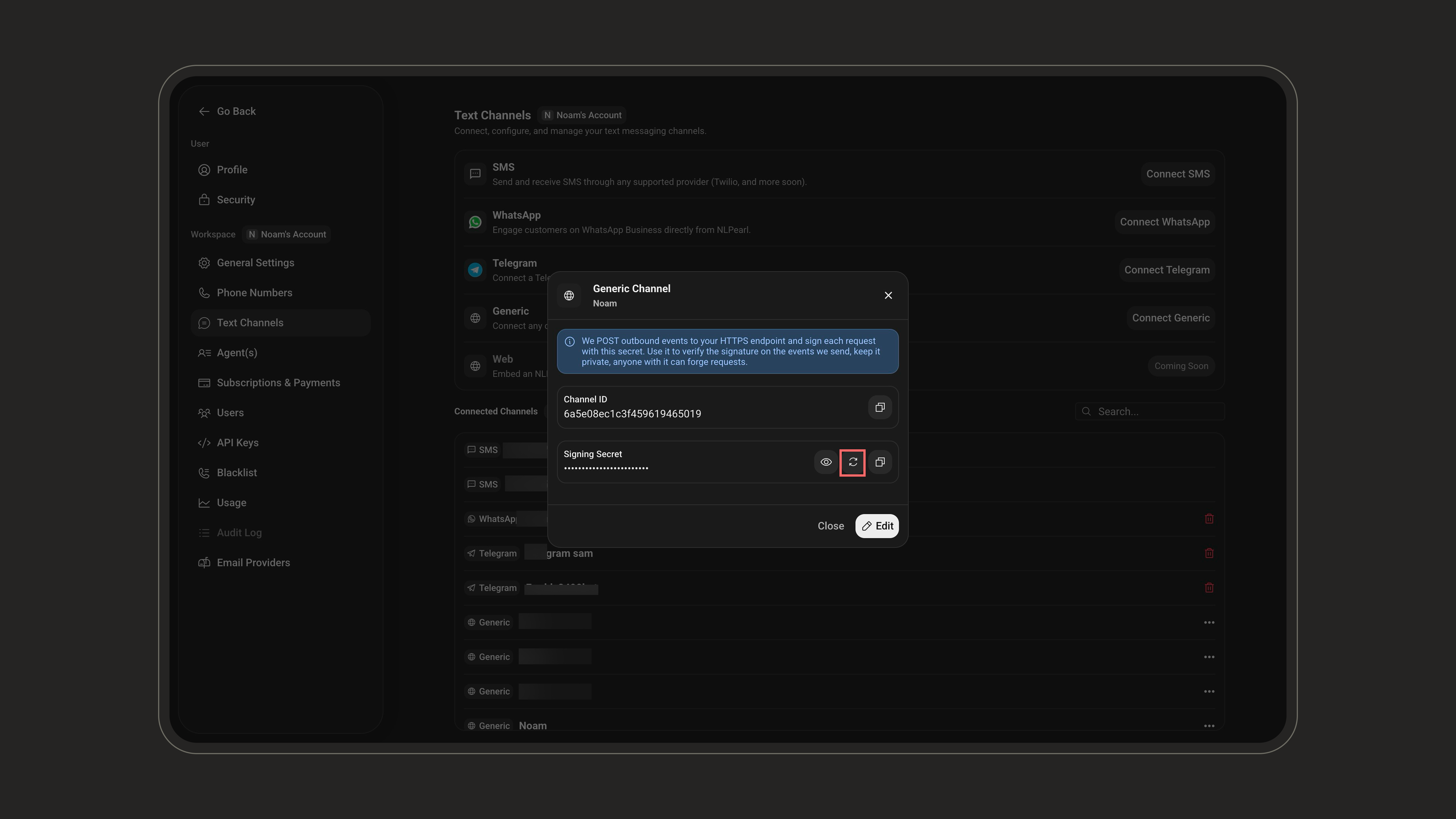 Rotate Signing Secret button in the Generic Channel details dialog