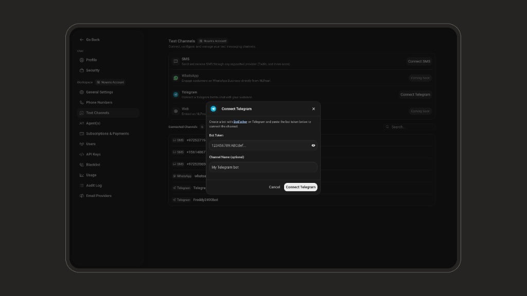 Connect Telegram dialog with bot token and channel name