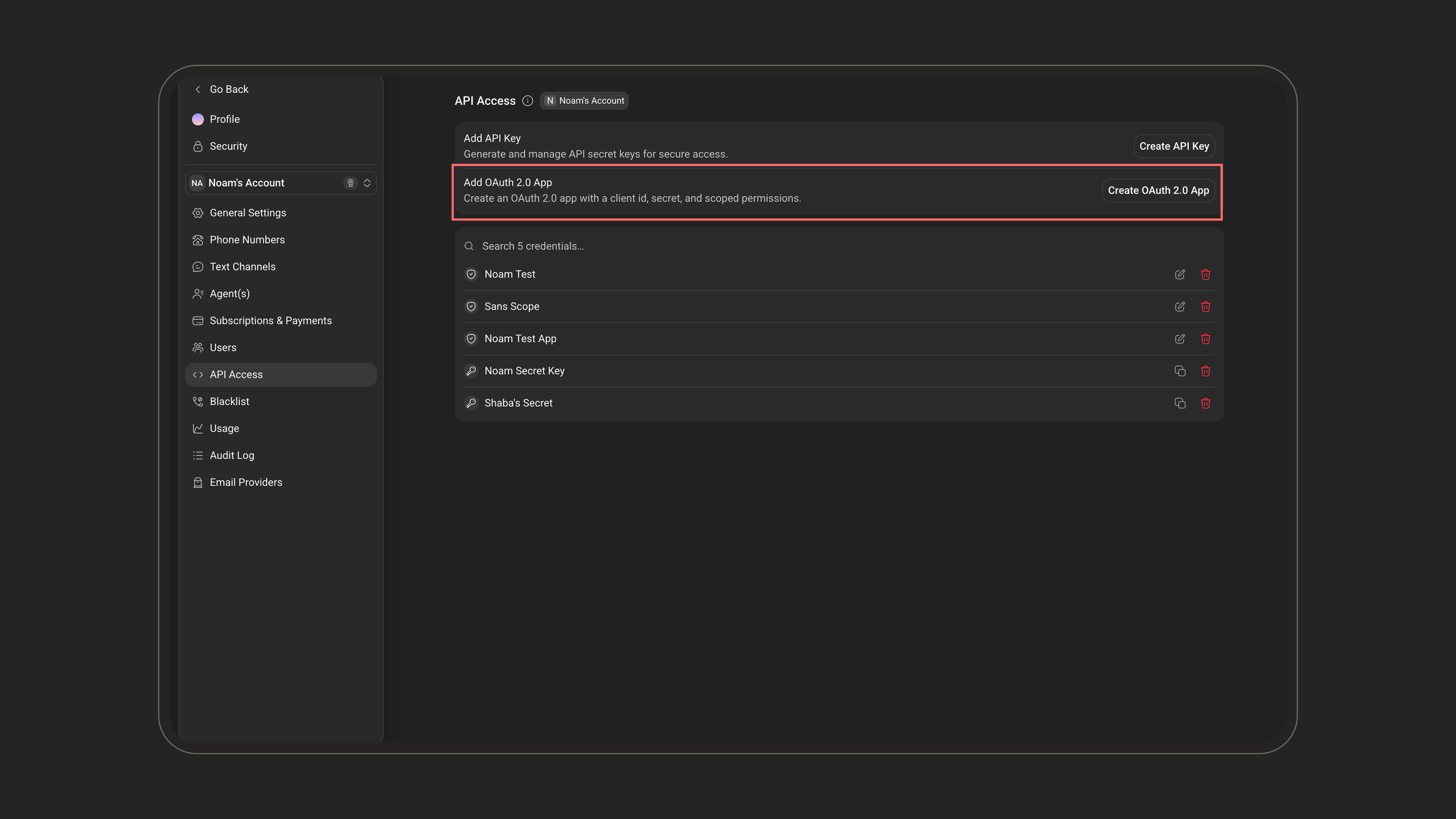 API Access page with the Create OAuth 2.0 App button