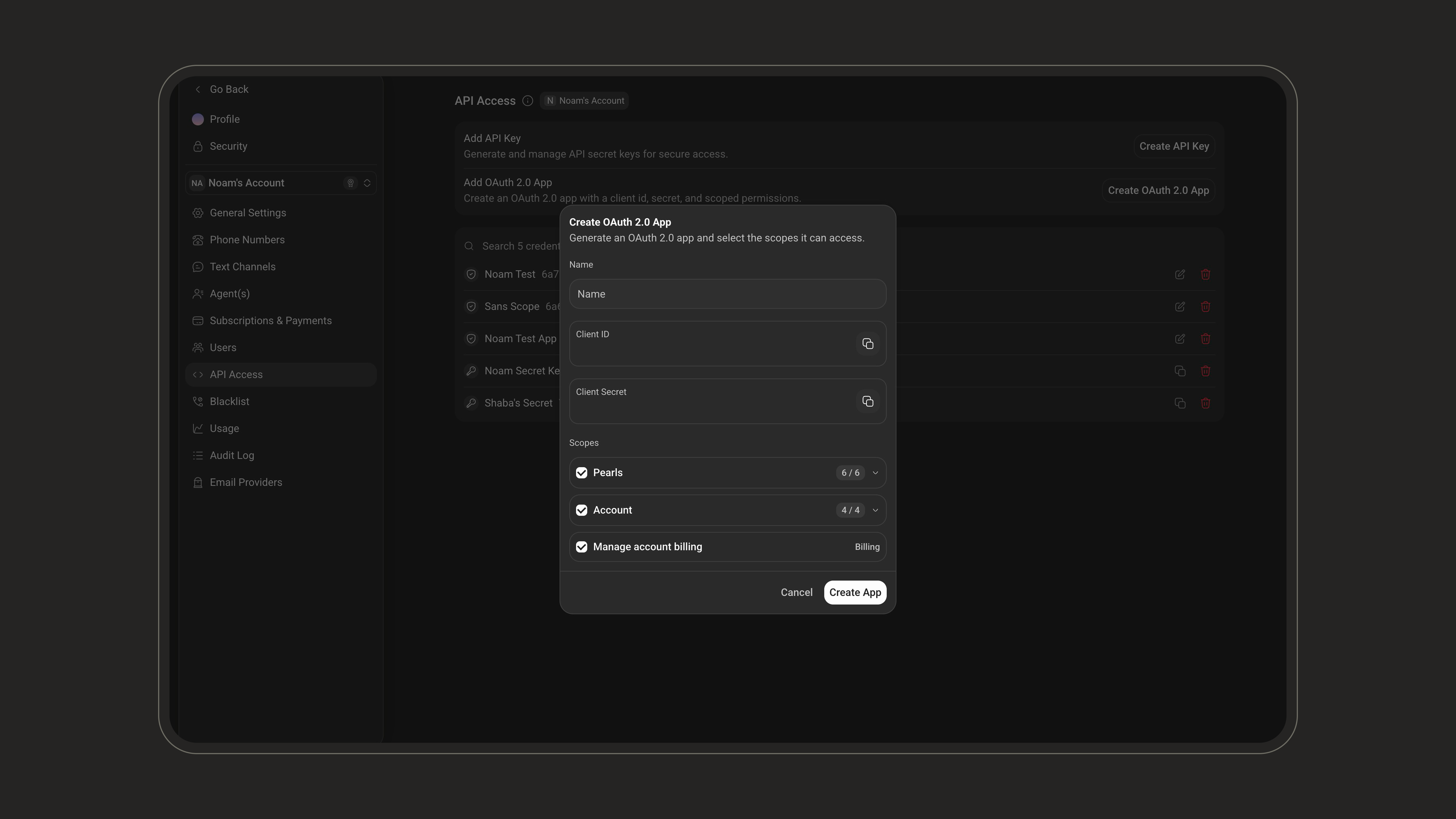 Create OAuth 2.0 App dialog