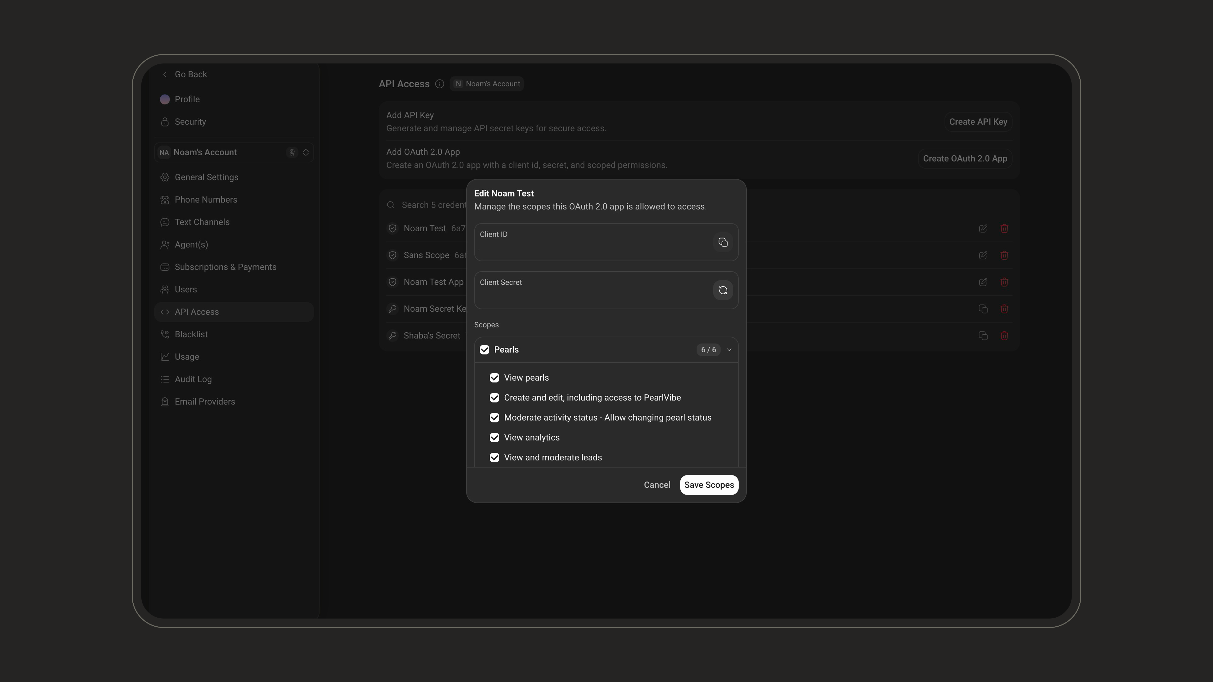 Edit OAuth 2.0 App scopes