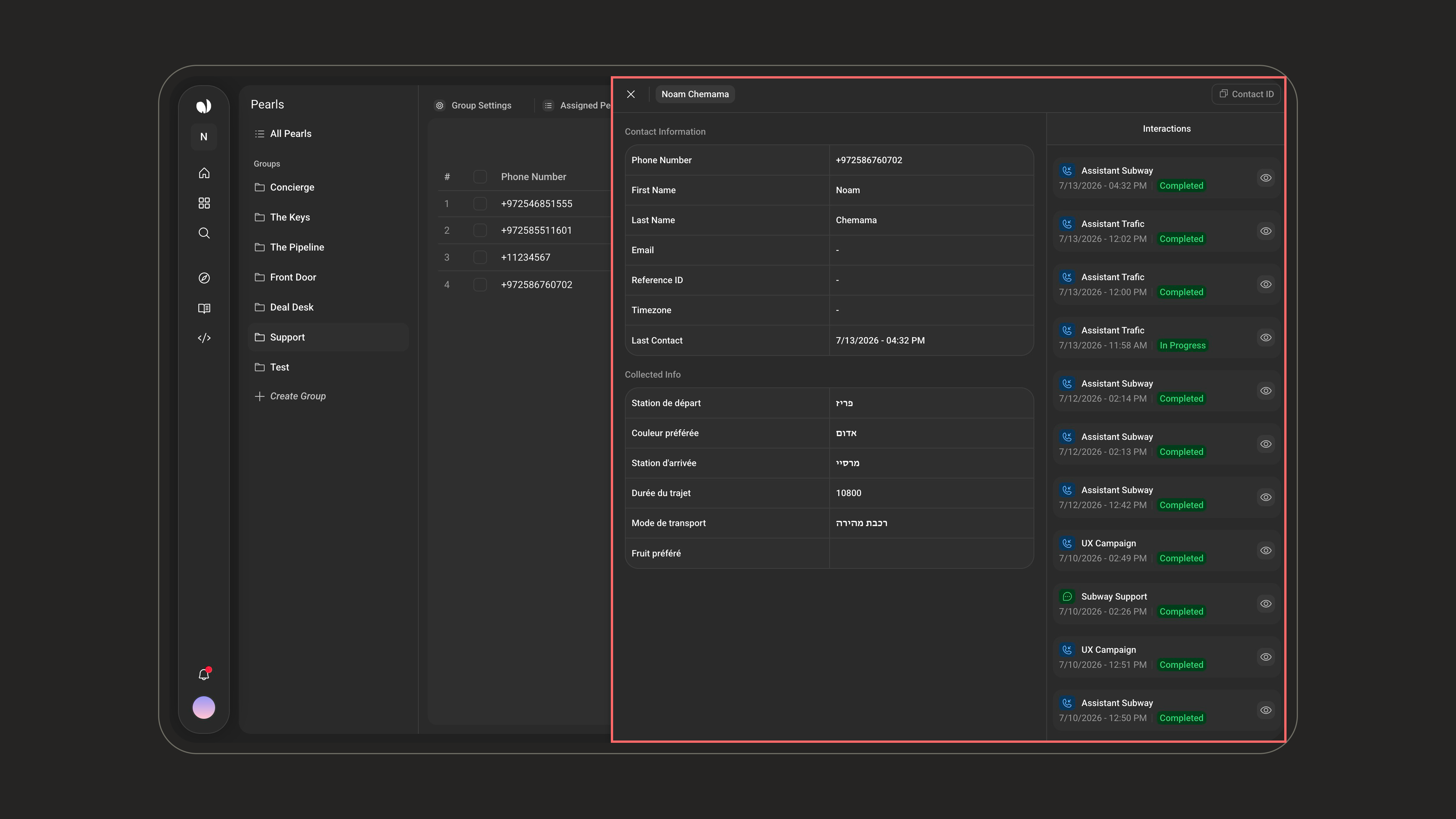 Opened contact with Contact Information, Collected Info, and Interactions