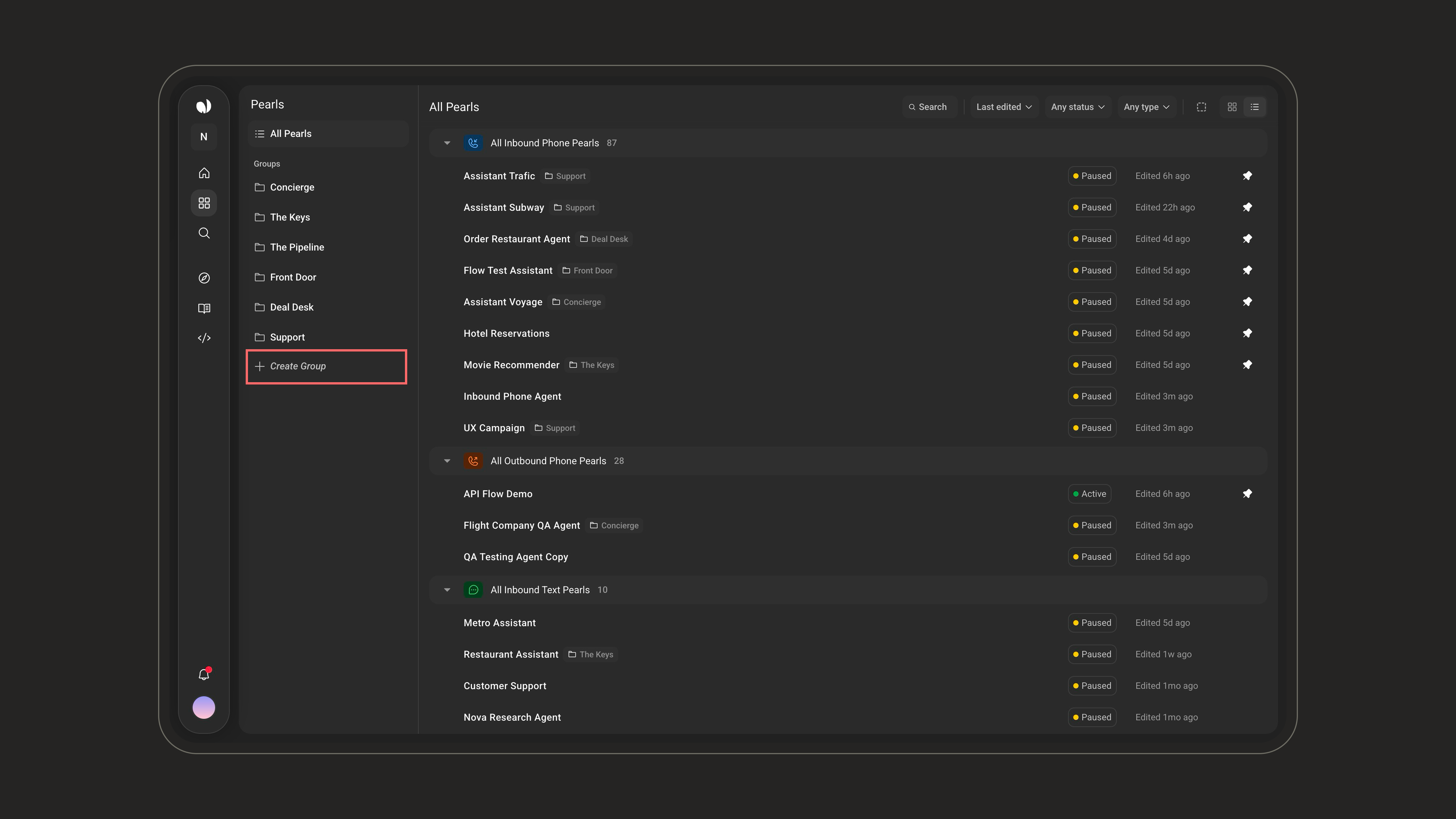 Create Group option in the Groups section of the sidebar