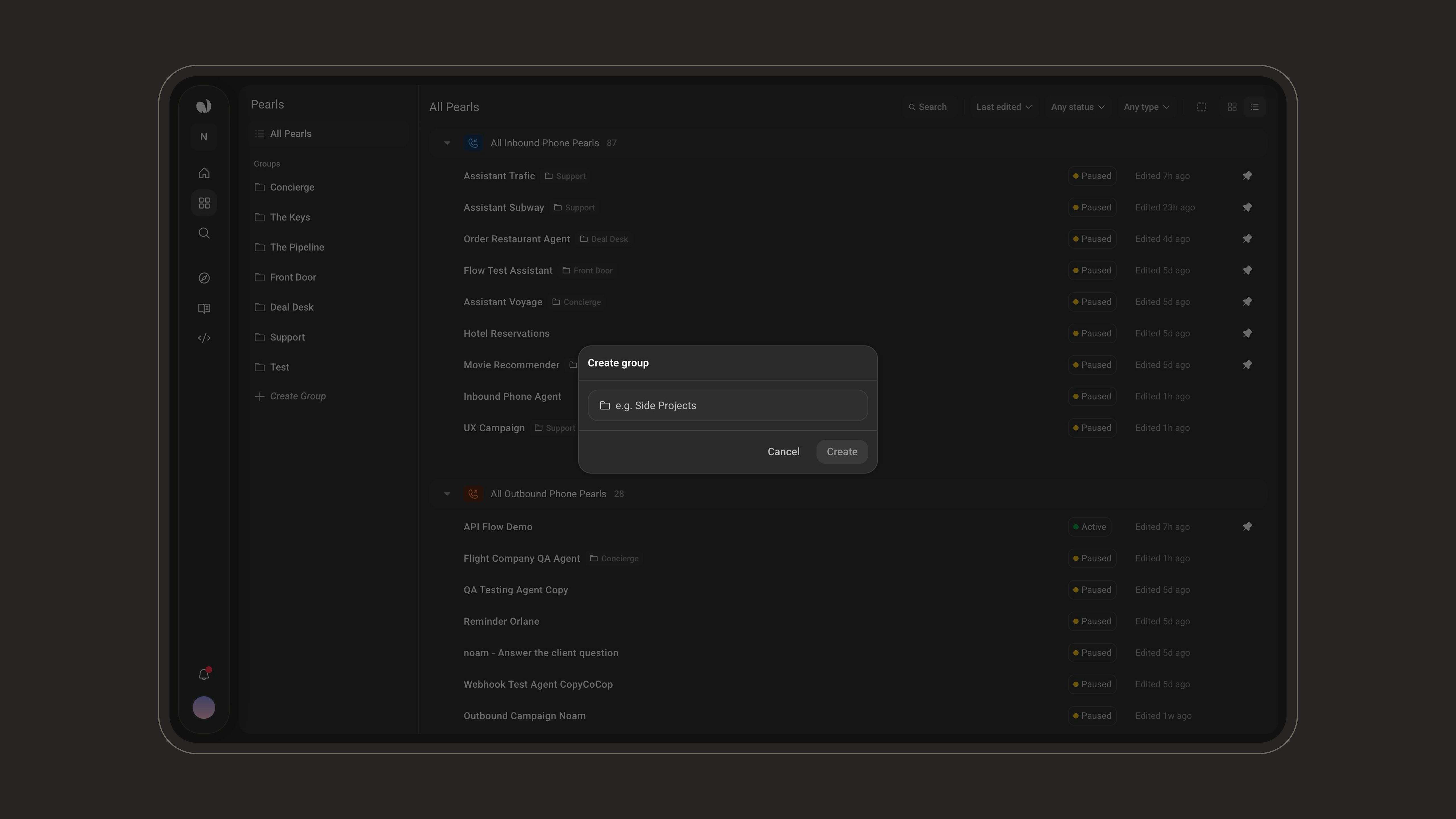 Create group dialog with the name field and the Create button