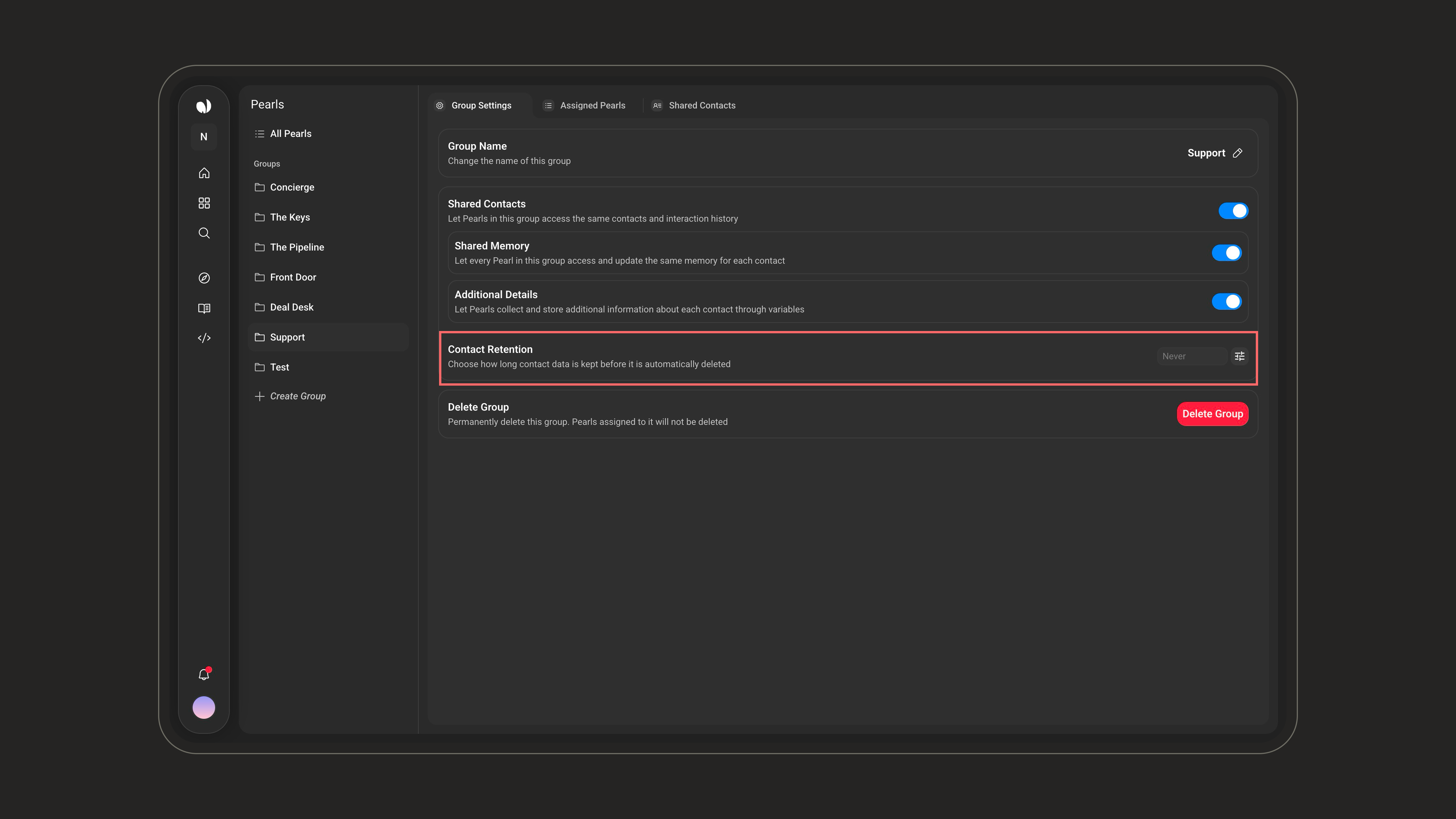 Contact Retention setting in Group Settings