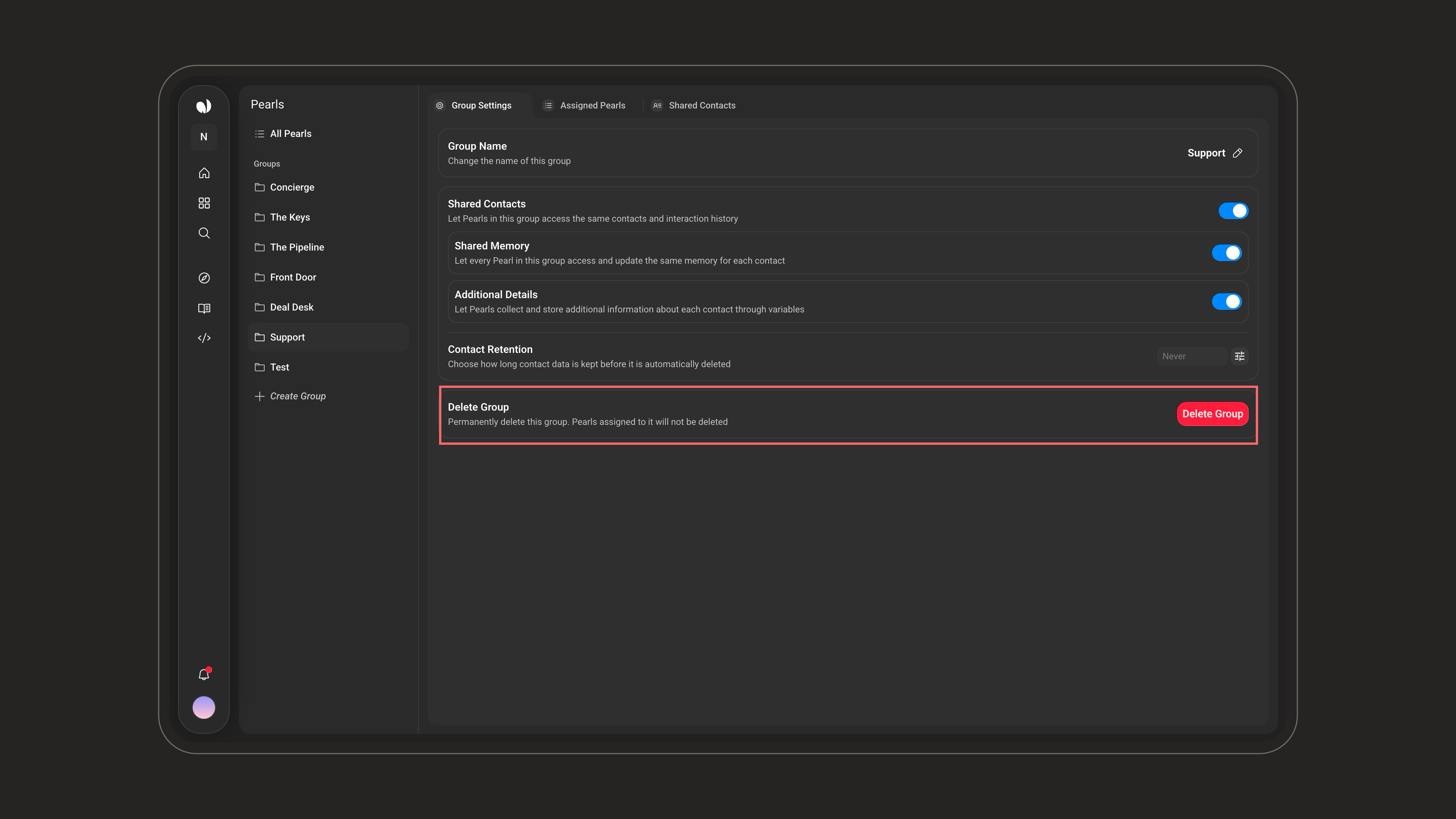 Delete Group section in Group Settings