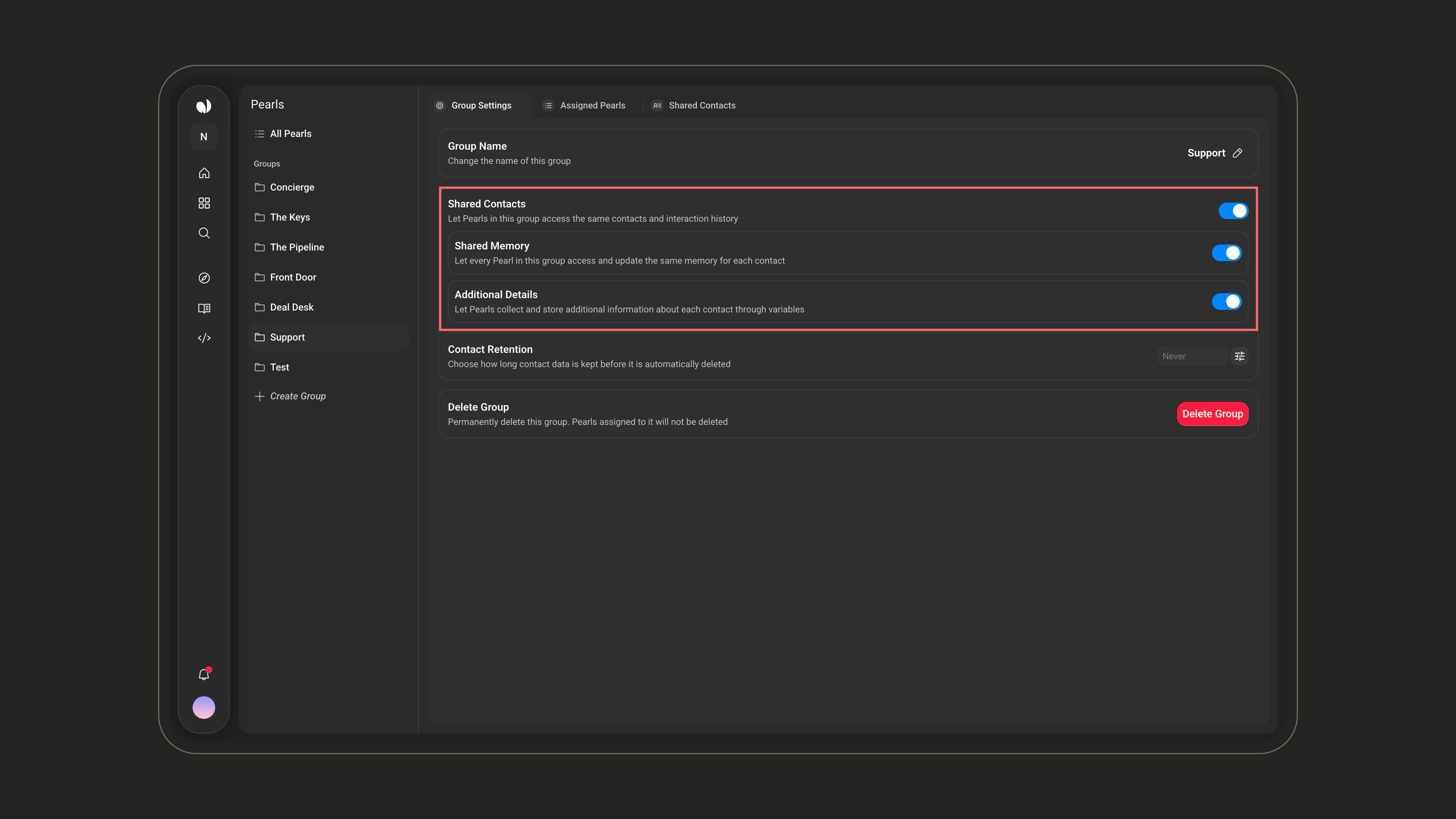 Shared Contacts, Shared Memory, and Additional Details toggles