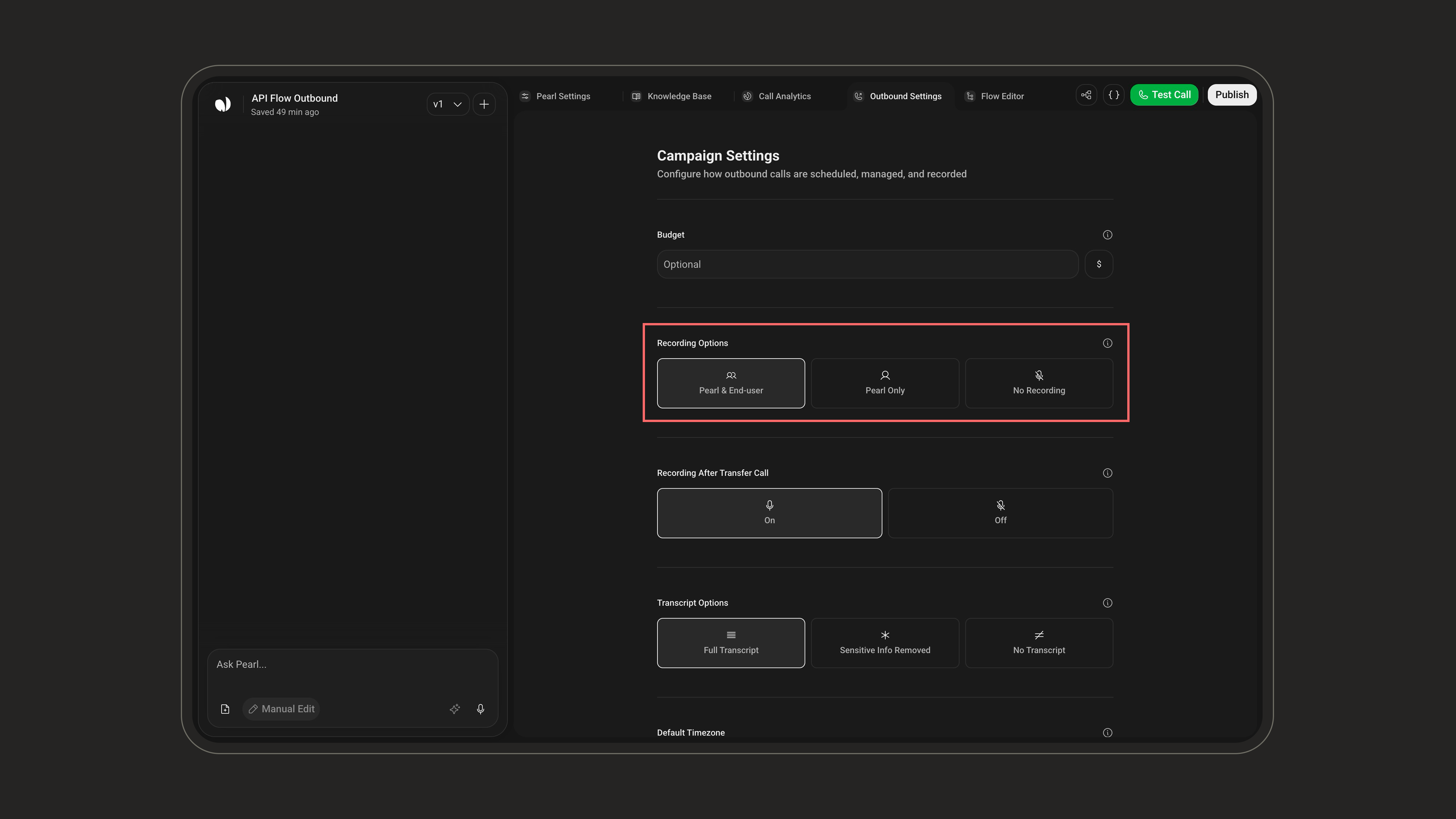 Recording Options setting