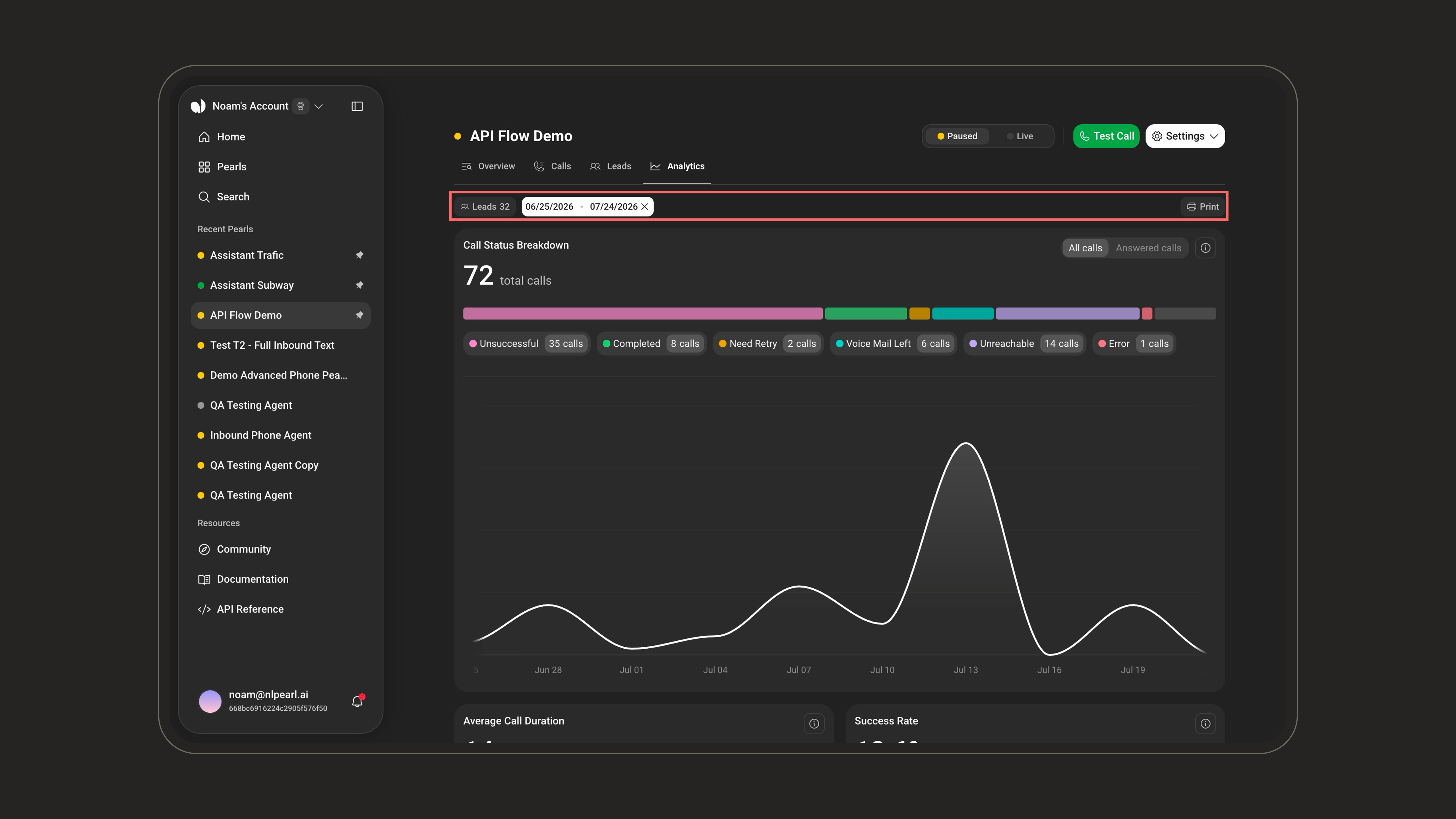 Analytics toolbar showing the leads count, date range picker, and Print button