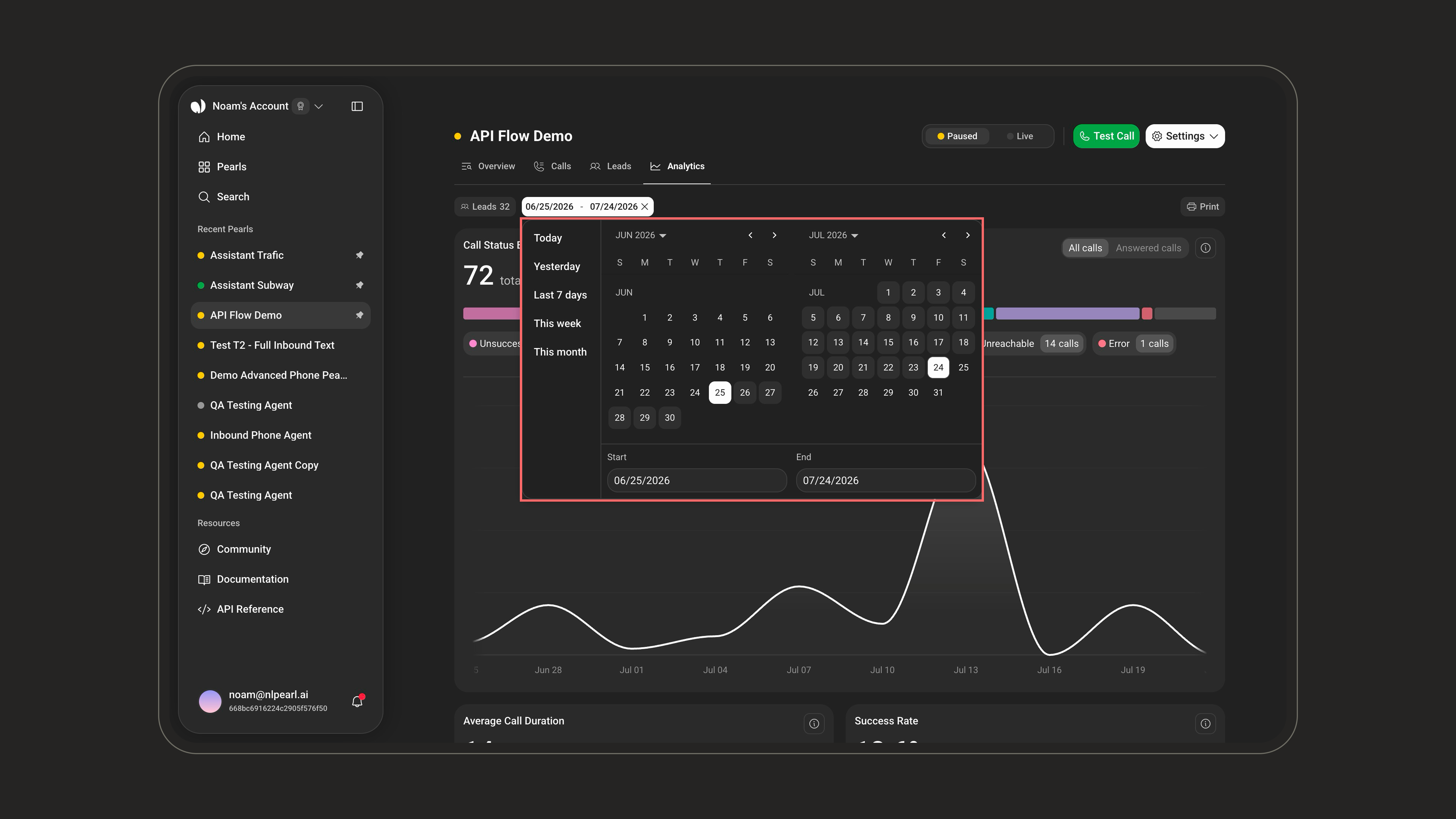Date range picker with quick presets and custom start and end fields