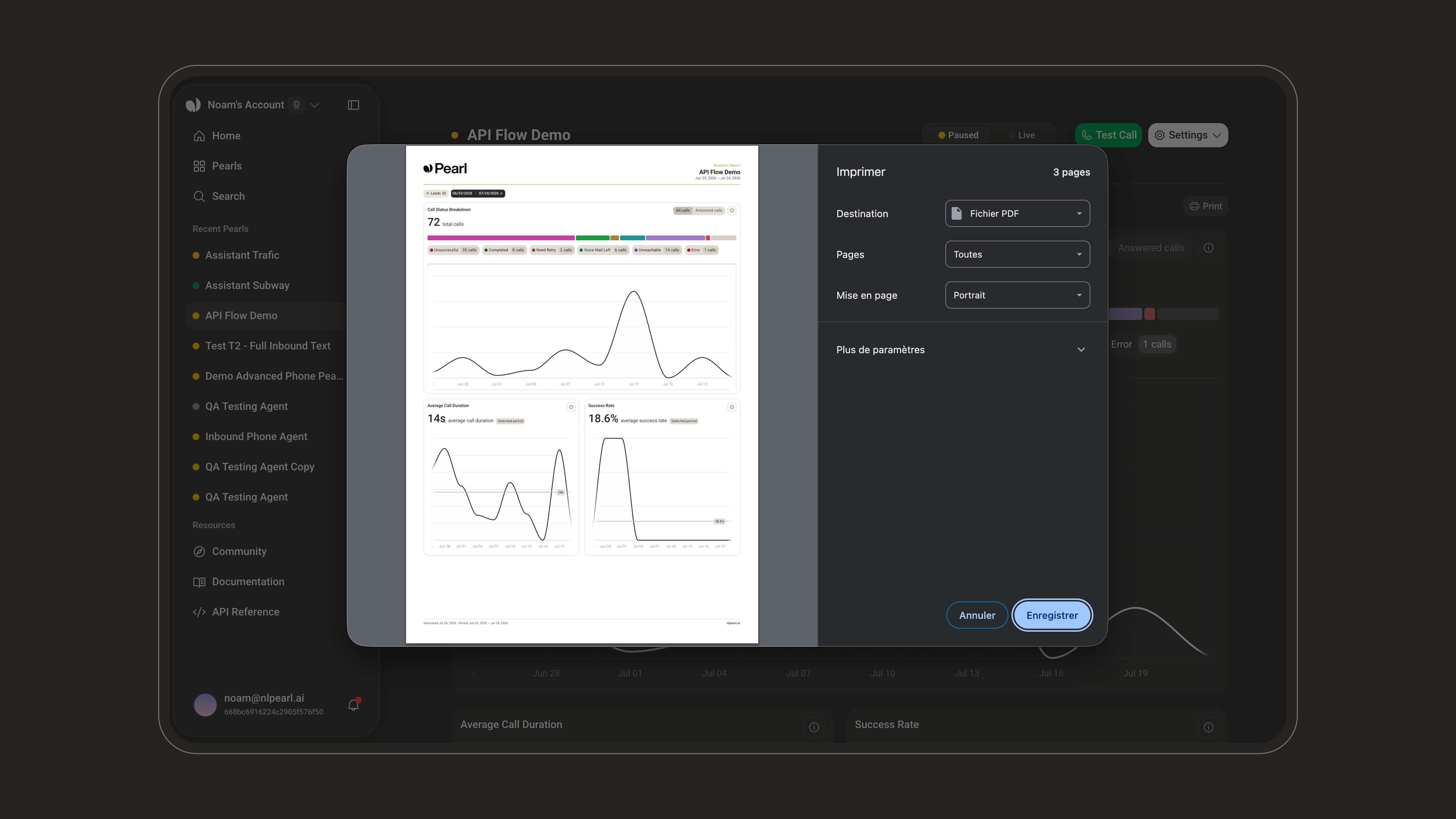 Browser print dialog previewing the analytics report with the NLPearl header, per-card layout, and footer